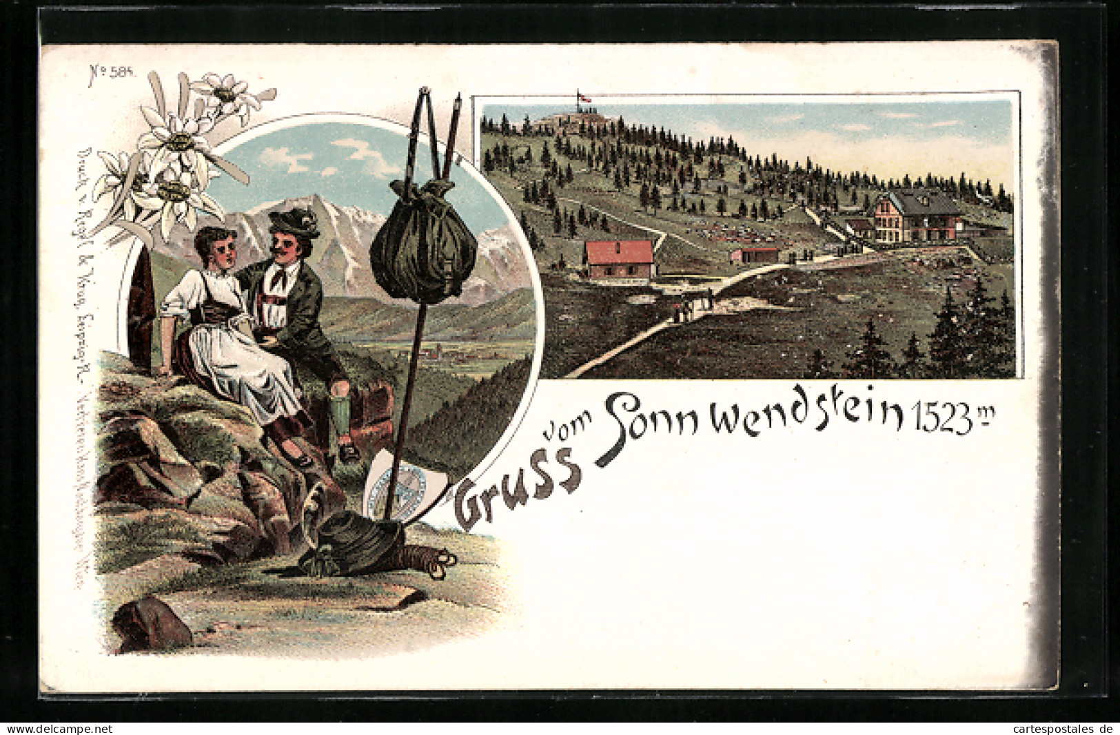 Lithographie Sonnwendstein, Gasthof Und Wanderer In Tracht  - Sonstige & Ohne Zuordnung