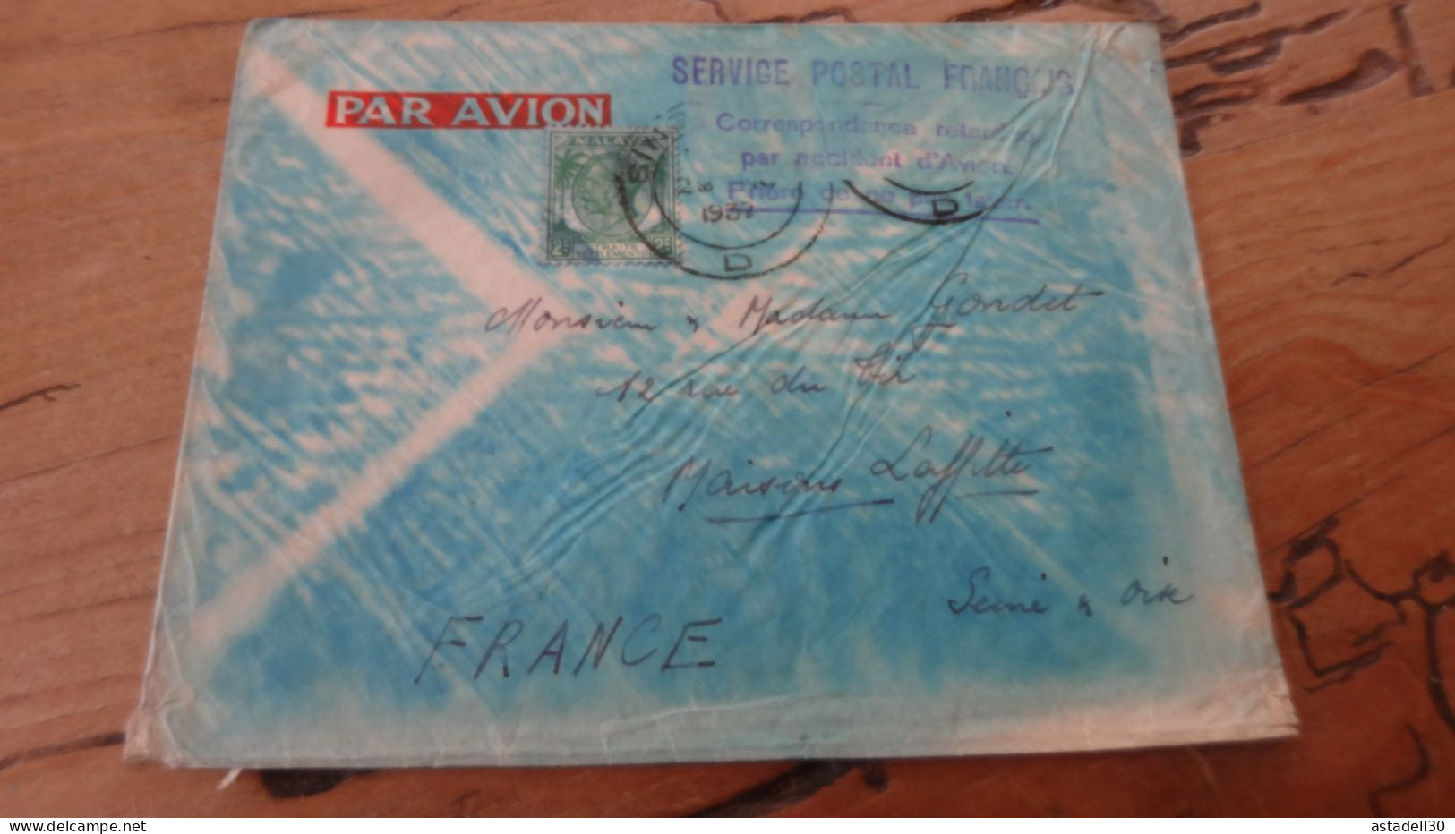 SINGAPORE, Accident Plane Cover 1937, Service Postal Francais   ............. BOITE1  ....... 552 - Singapur (...-1959)