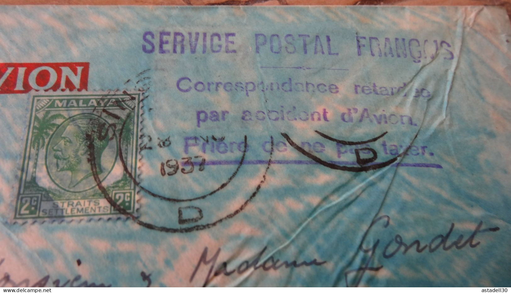 SINGAPORE, Accident Plane Cover 1937, Service Postal Francais   ............. BOITE1  ....... 552 - Singapore (...-1959)