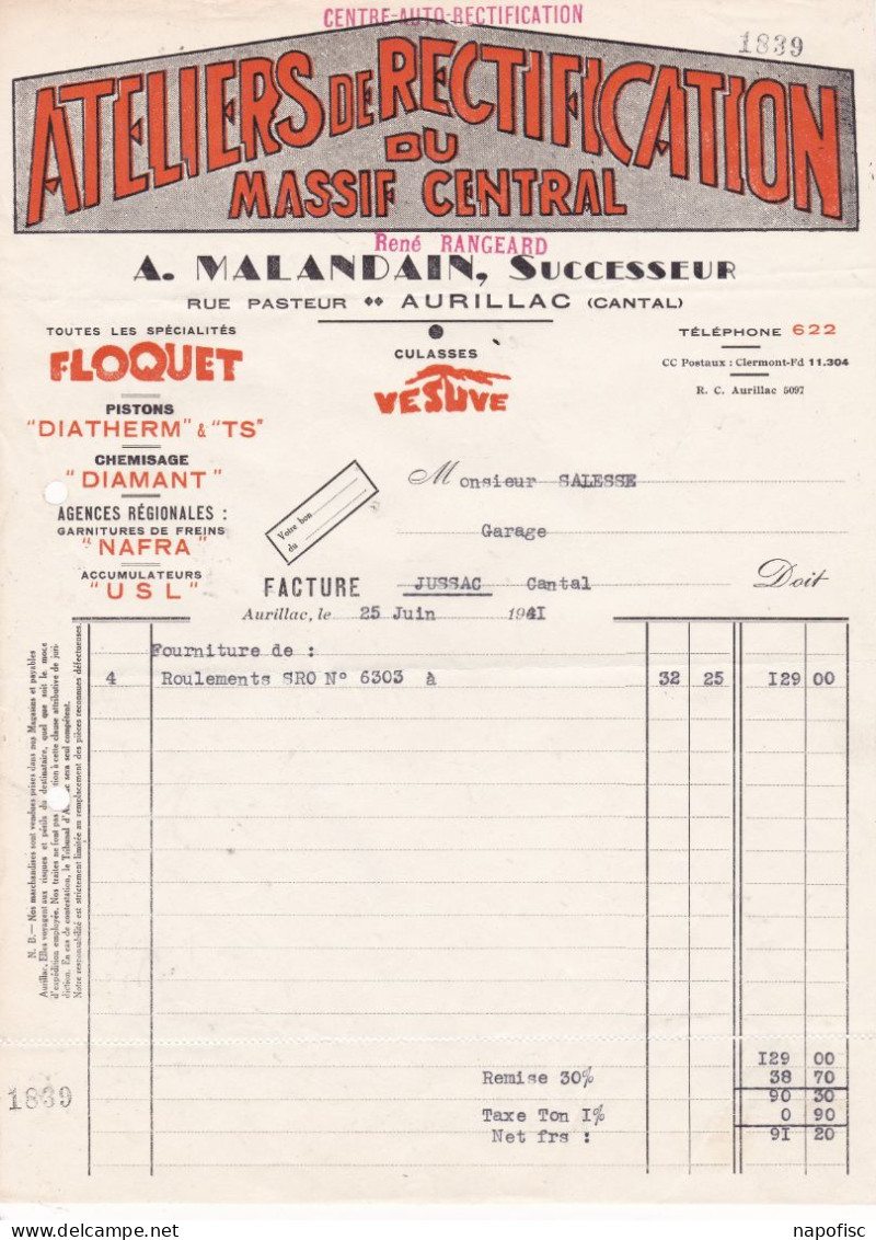 15-A.Malandain ..R.Rangeard Succ ..Atelier De Rectification Du Massif Central...Aurillac...(Cantal)...1941 - Automobile