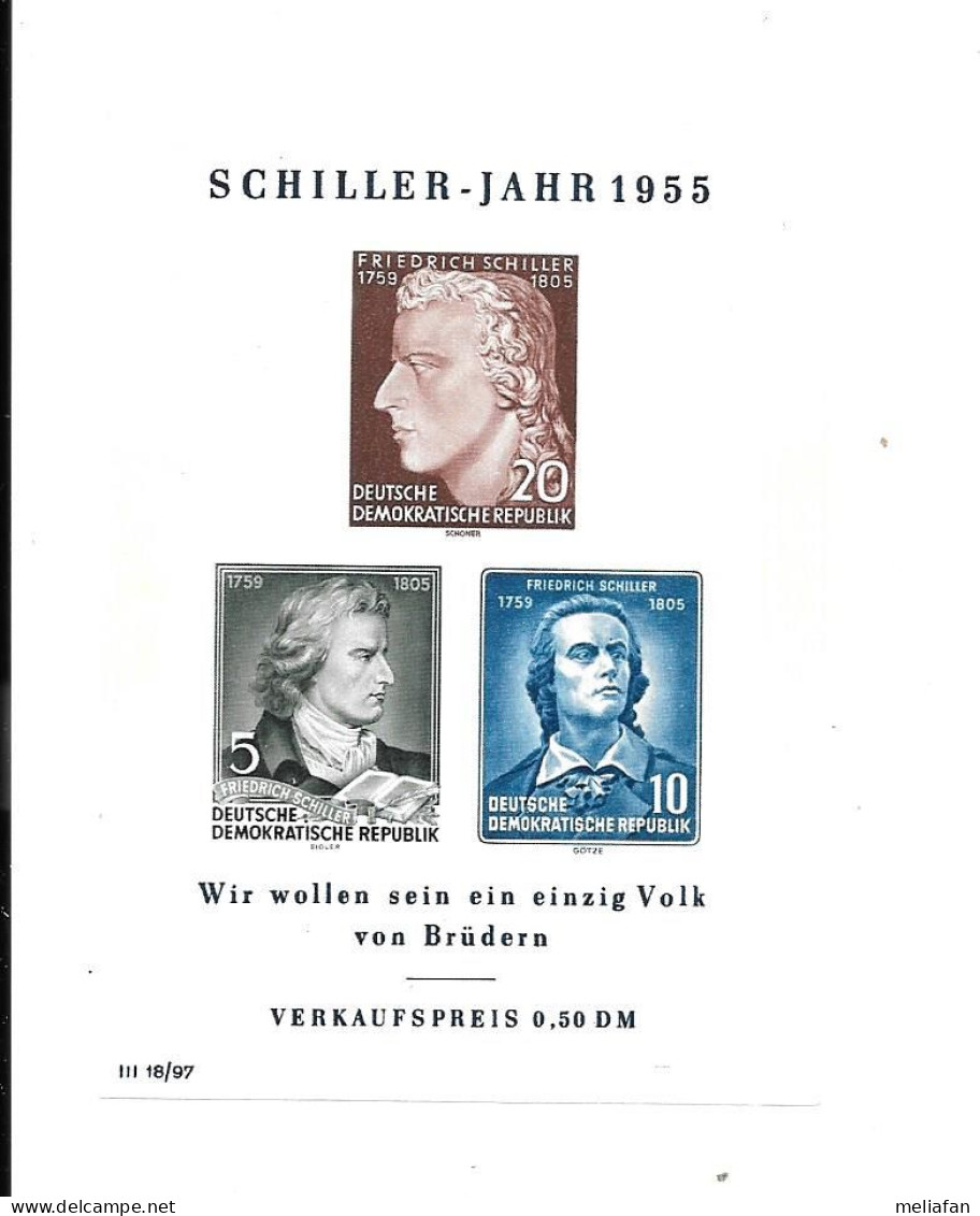 DH62 - BLOC FEUILLET DDR - FRIEDRICH SCHILLER JAHR 1955 - Autres & Non Classés