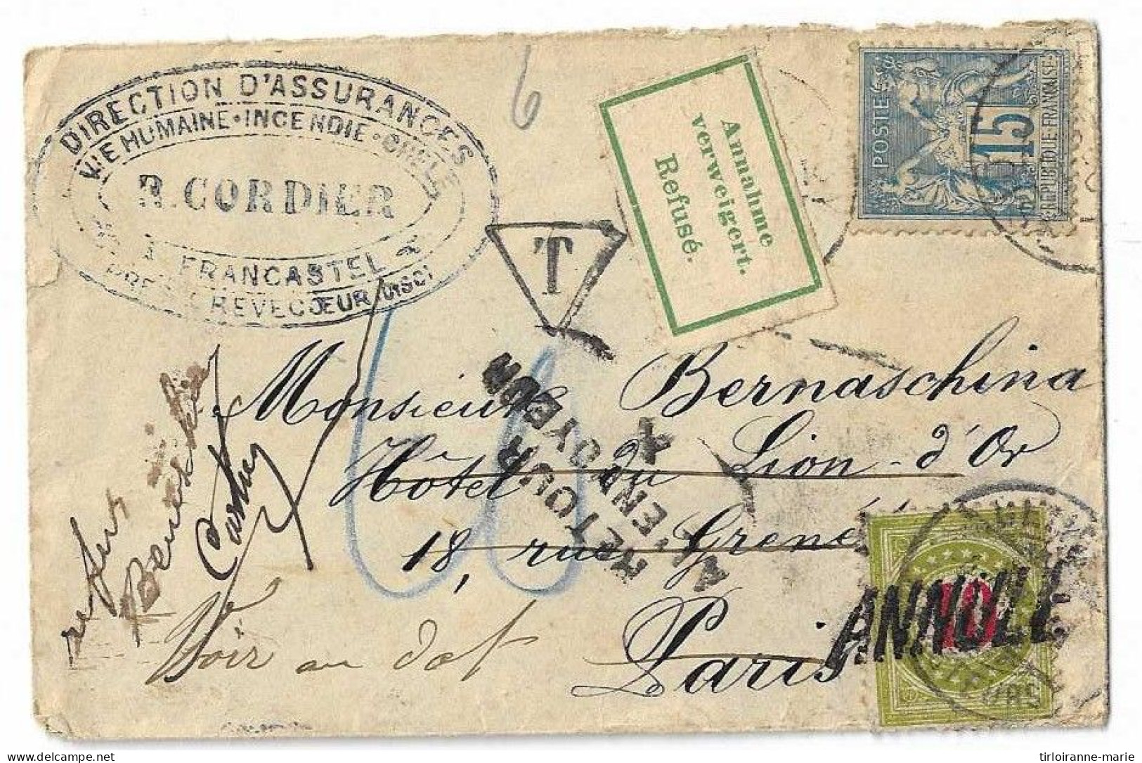 LETTRE CLASSIQUE Taxee  ( Refuse ) Cachet Bleu Et Timbre Annule - 1852 Louis-Napoléon