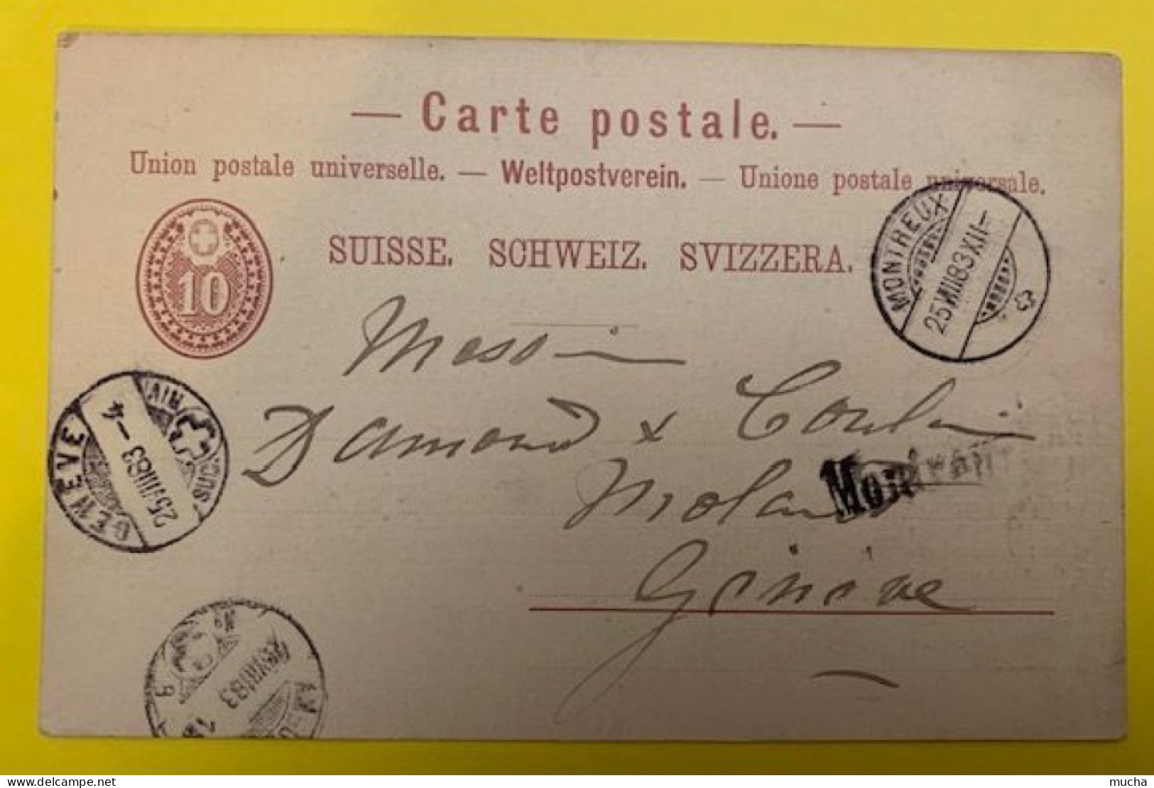 20403 - Entier Postal Suchard Pudding De Semoule Au Chocolat Montreux 25.08.1883 Cachet Linéaire Partiel Montreux - Entiers Postaux