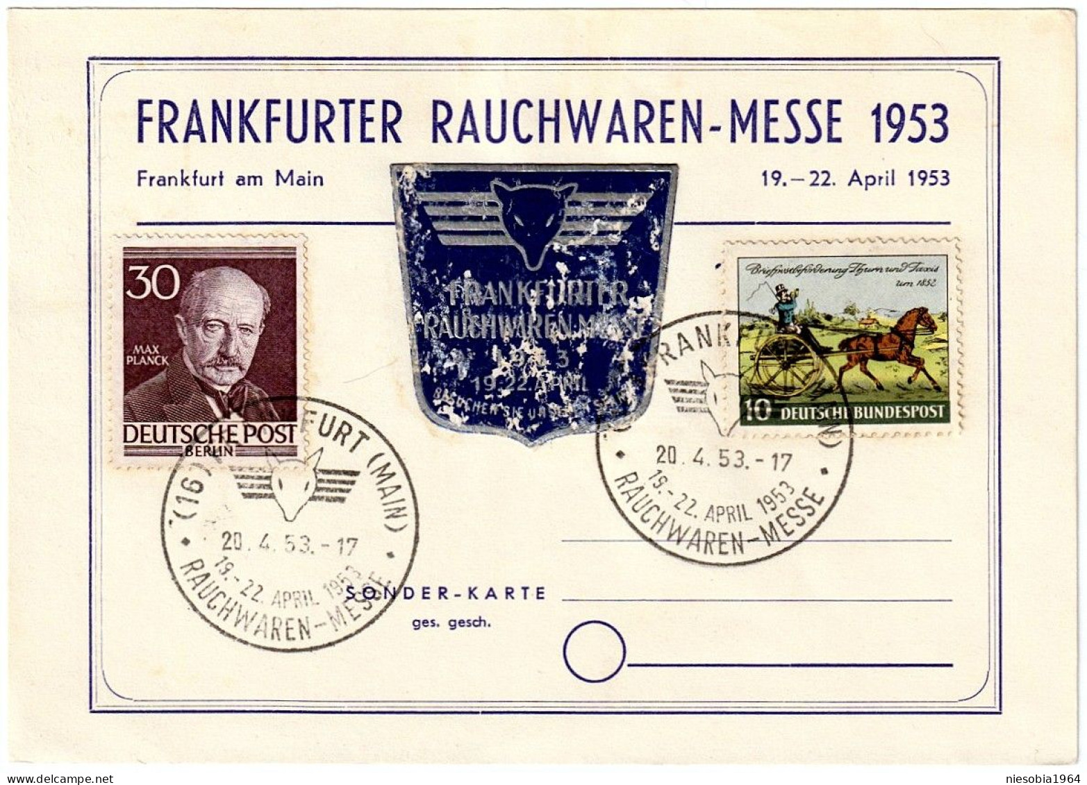 Frankfurter Rauchwaren Messe 1953 Postcard With Ocasional Seals Frankfurt Tobacco Fair 20.4.53 & 2 Stamps - Privatpostkarten - Gebraucht