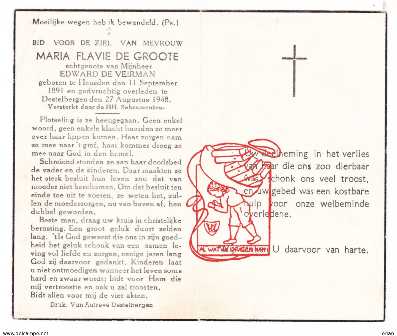 DP Maria Flavie De Groote ° Heusden 1891 † Destelbergen 1948 X Edward De Veirman - Images Religieuses