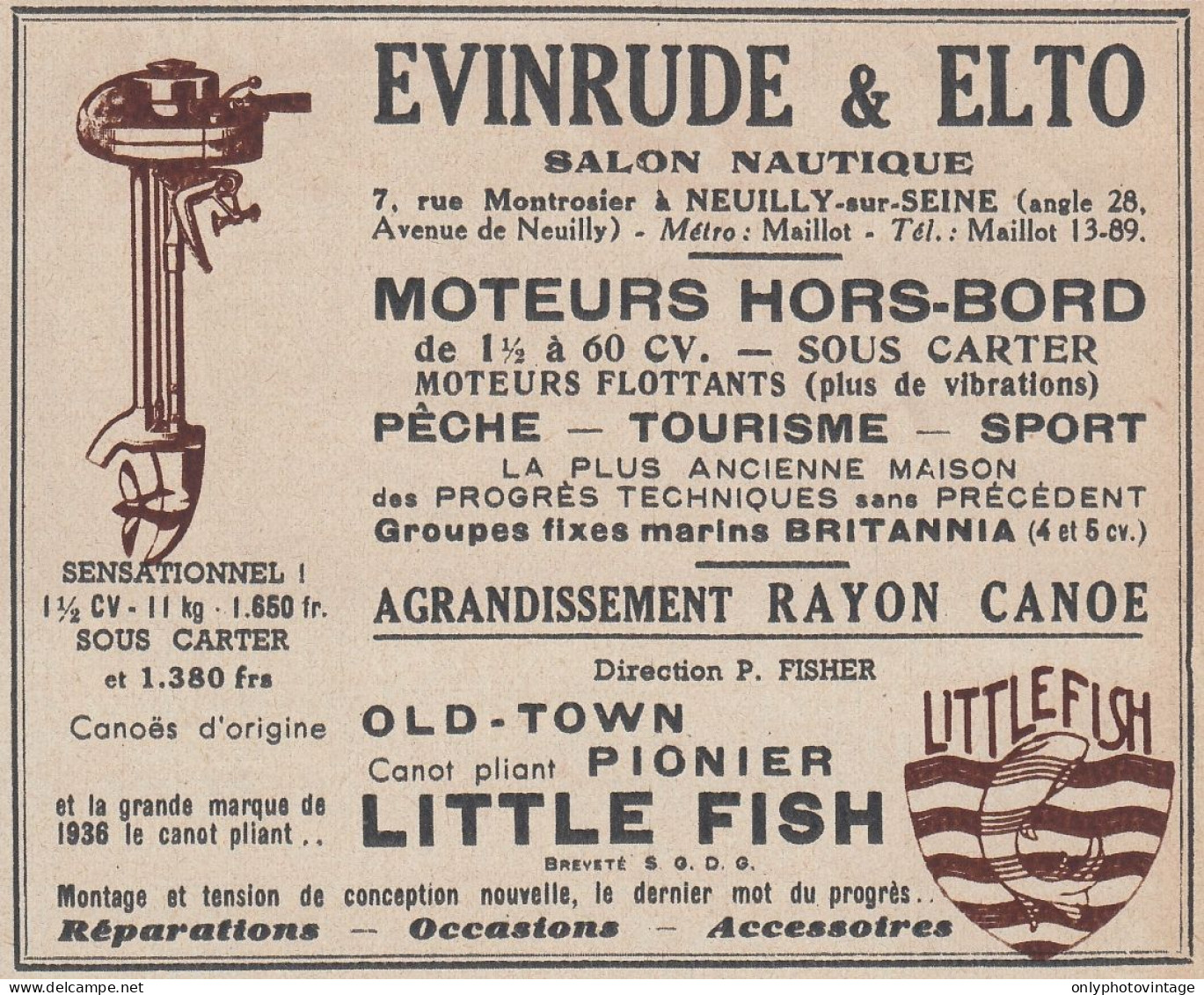 EVINRUDE & ELTO Moteurs Hors-bord - 1936 Vintage Advertising - Pubblicit� - Werbung