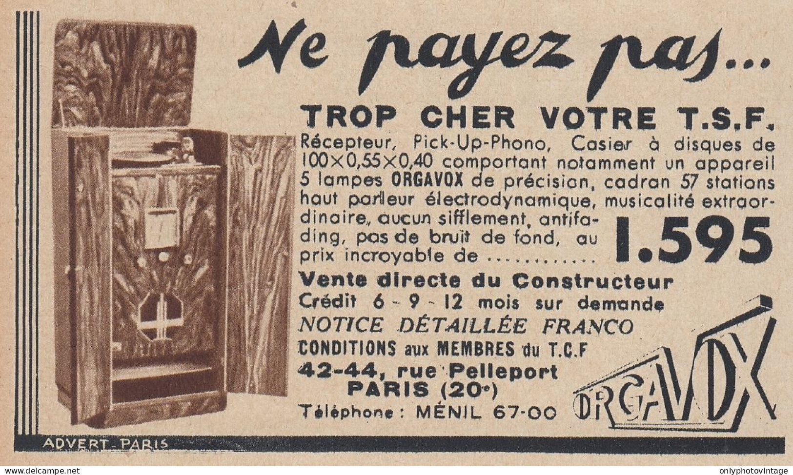 R�cepteur Pick-Up-Phono 5 Lampes ORGAVOX - 1936 Vintage Advertising - Reclame