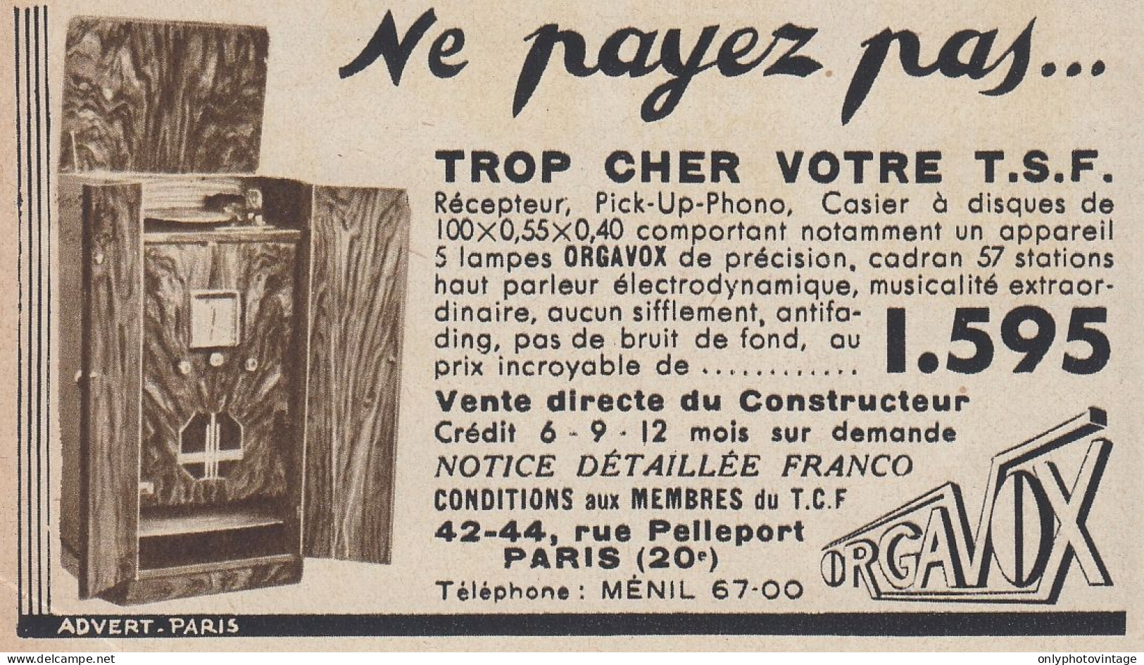R�cepteur Pick-Up-Phono 5 Lampes ORGAVOX - 1936 Vintage Advertising - Werbung