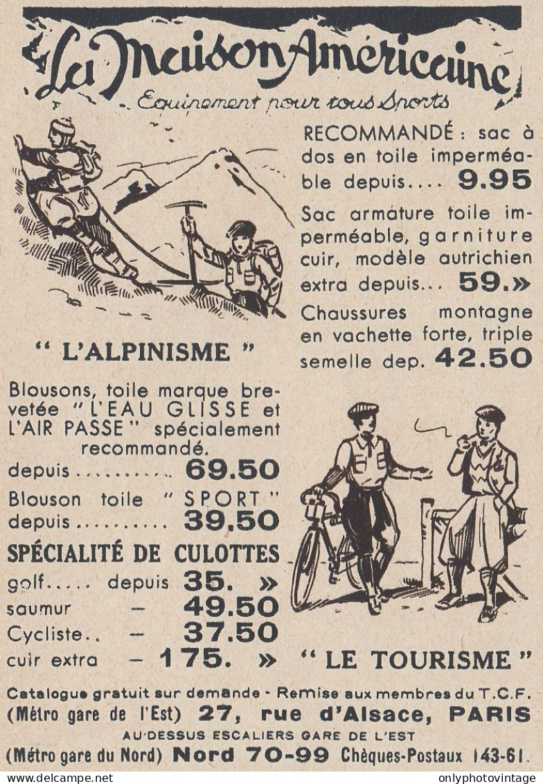 LE MAISON AMERICAINE Equipements Pour Sports - 1936 Vintage Advertising - Reclame