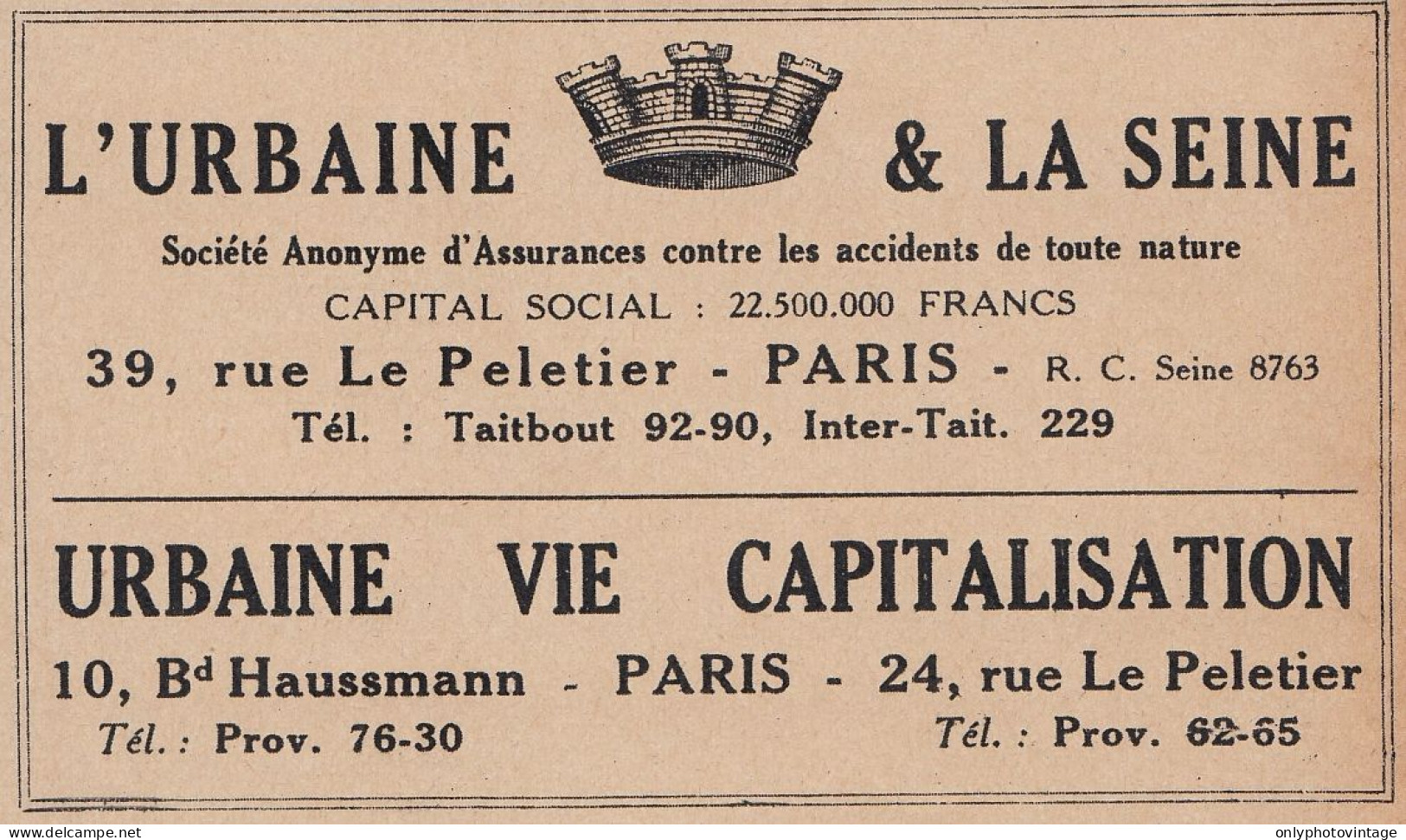 Assurance L'Urbaine & La Seine - 1936 Vintage Advertising - Pubblicit� - Reclame