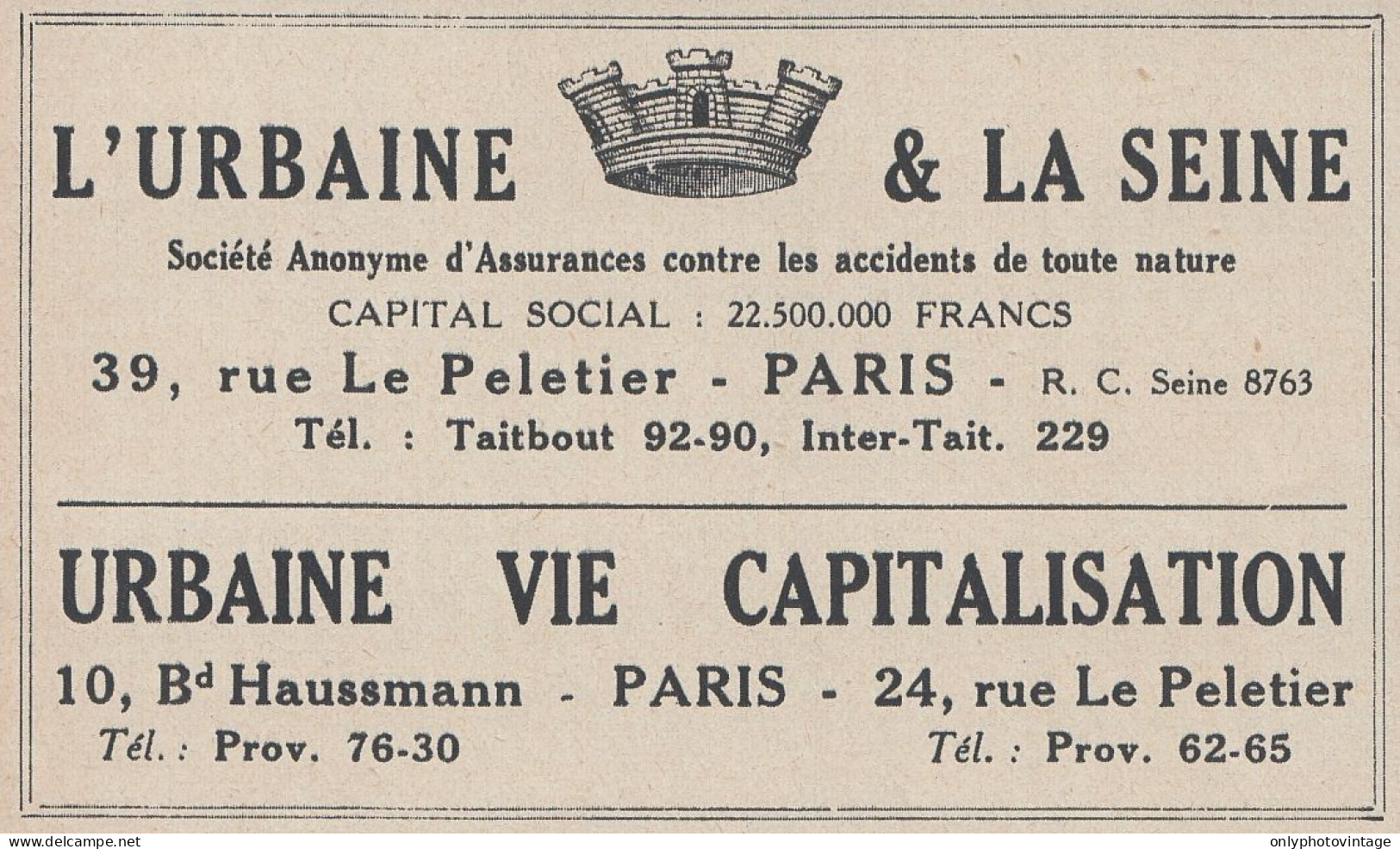 Assurance L'Urbaine & La Seine - 1936 Vintage Advertising - Pubblicit� - Werbung