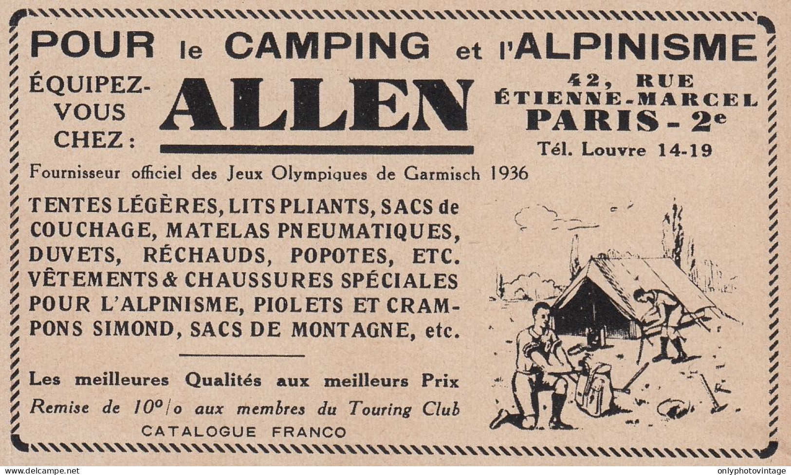 ALLEN Pour Camping Et Alpinisme - 1936 Vintage Advertising - Pubblicit� - Werbung