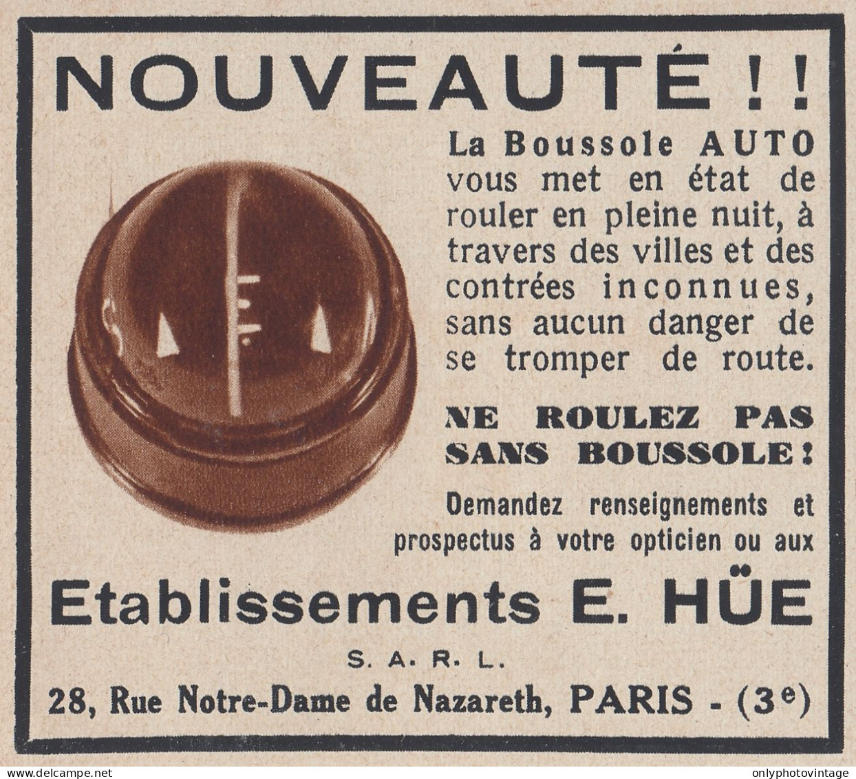Boussole AUTO Etablissements E. HUE - 1936 Vintage Advertising  Pubblicit� - Werbung