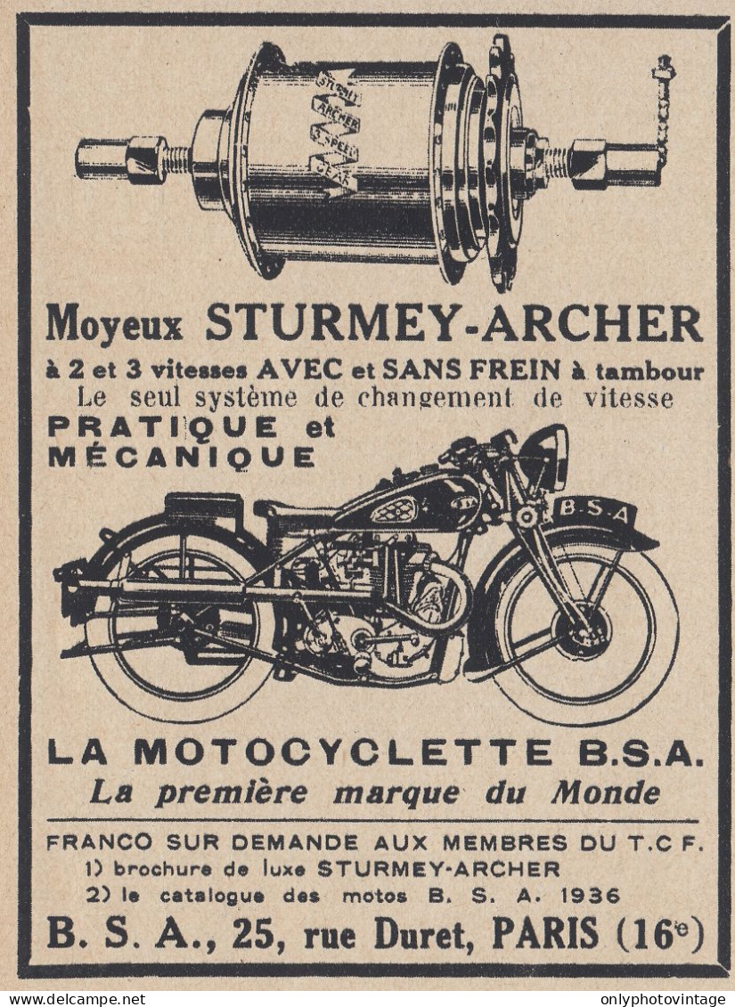 La Motocyclette B.S.A. - 1936 Vintage Advertising - Pubblicit� Epoca - Werbung