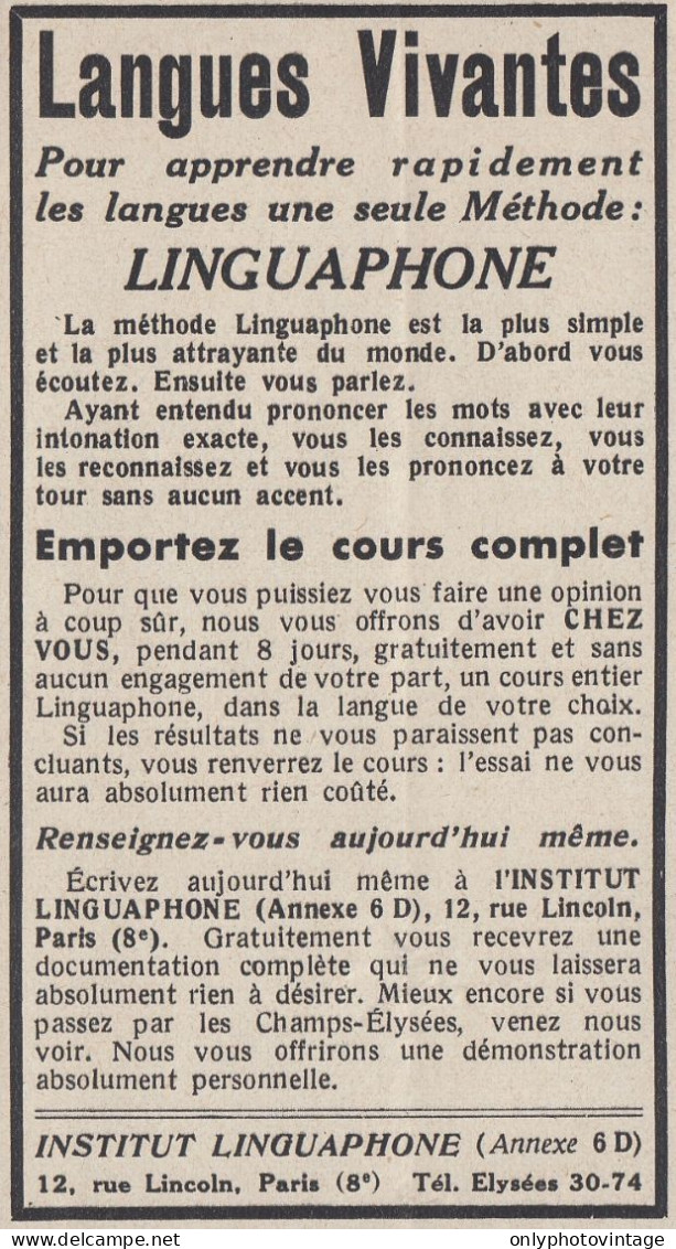 LINGUAPHONE Langues Vivantes - 1938 Vintage Advertising - Pubblicit� Epoca - Werbung