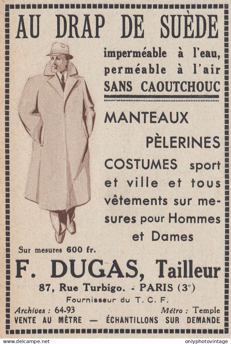 Au Drap De Su�de - F. DUGAS Tailleur - 1938 Vintage Advertising Pubblicit� - Werbung