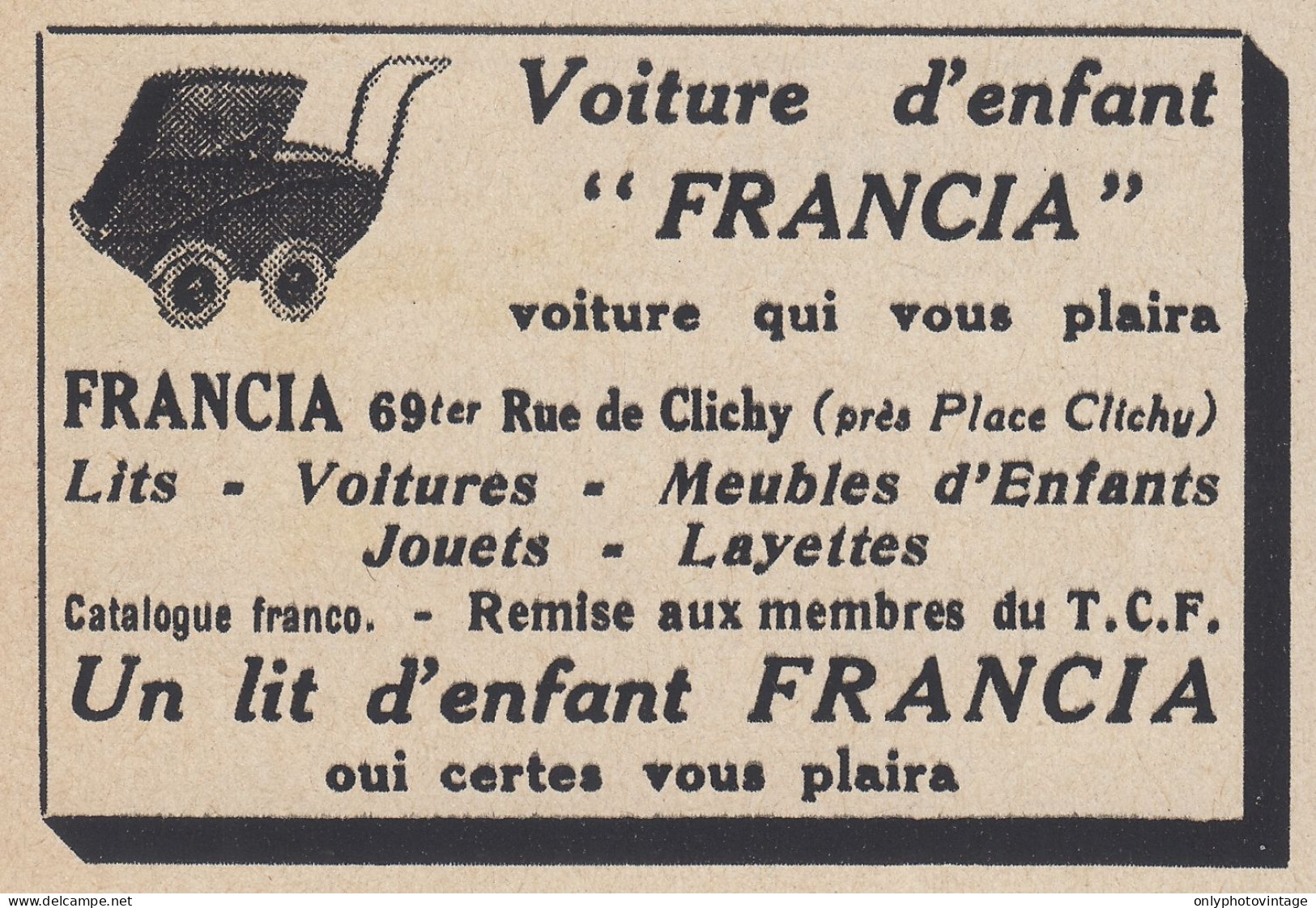 Voiture D'enfant FRANCIA - 1938 Vintage Advertising - Pubblicit� Epoca - Werbung