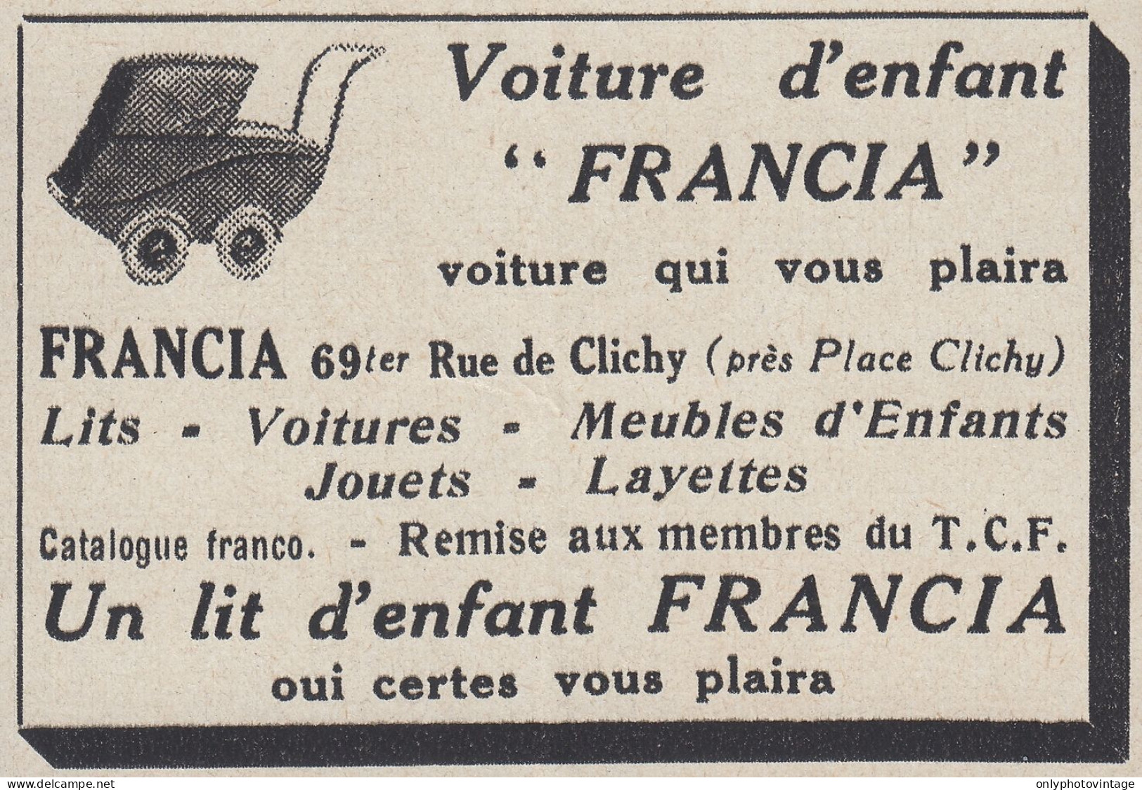 Voiture D'enfant FRANCIA - 1938 Vintage Advertising - Pubblicit� Epoca - Werbung