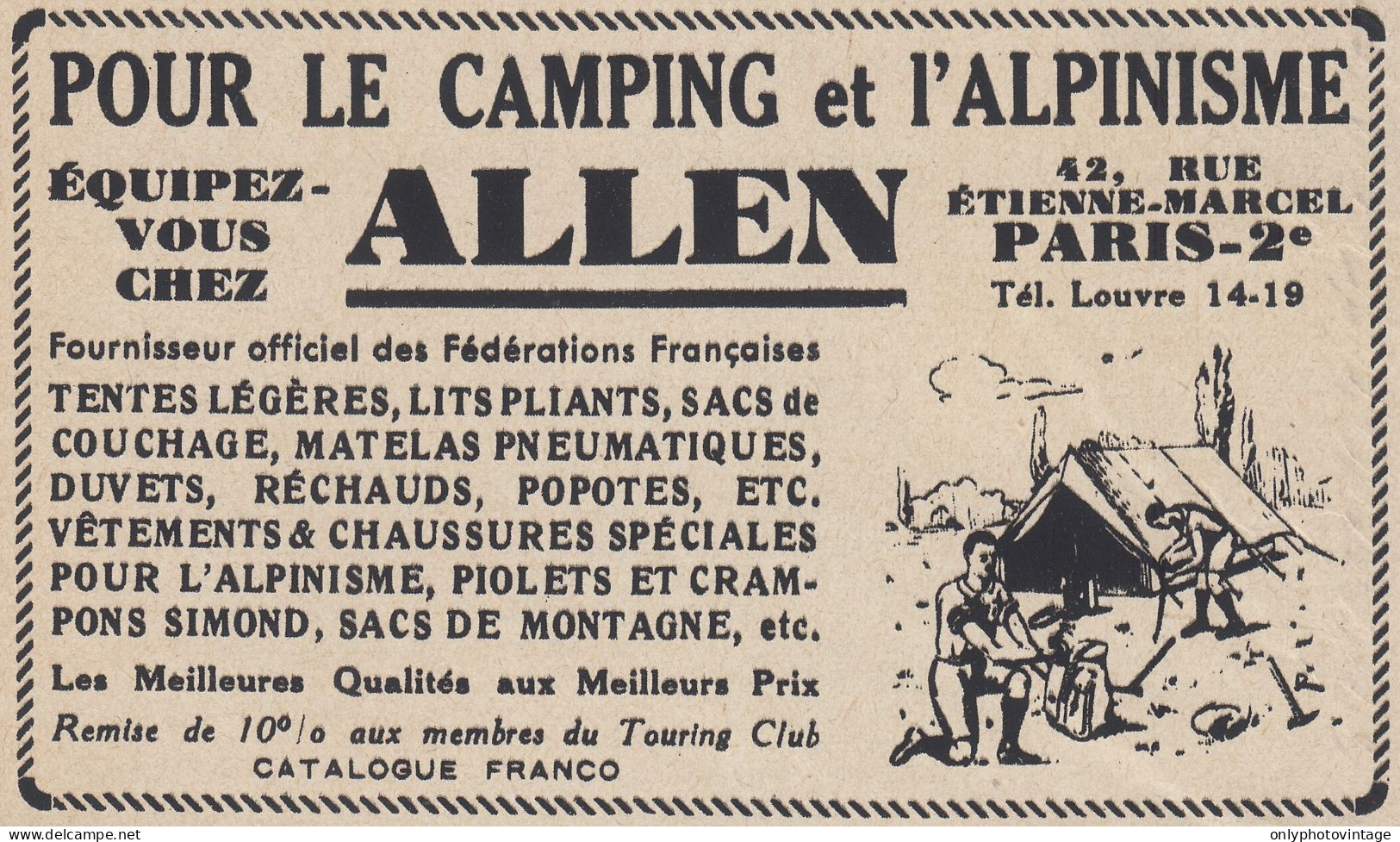 ALLEN Pour Le Camping Et L'Alpinisme - 1938 Vintage Advertising Pubblicit� - Werbung