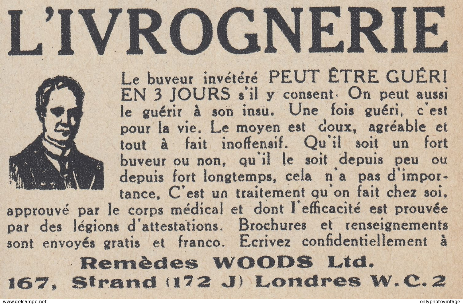 L'Ivrognerie - Rem�des Woods - 1938 Vintage Advertising - Pubblicit� Epoca - Werbung