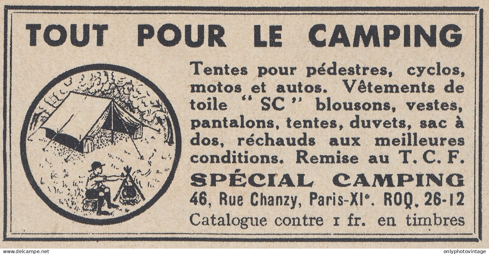 Sp�cial Camping - Paris - 1938 Vintage Advertising - Pubblicit� Epoca - Publicidad