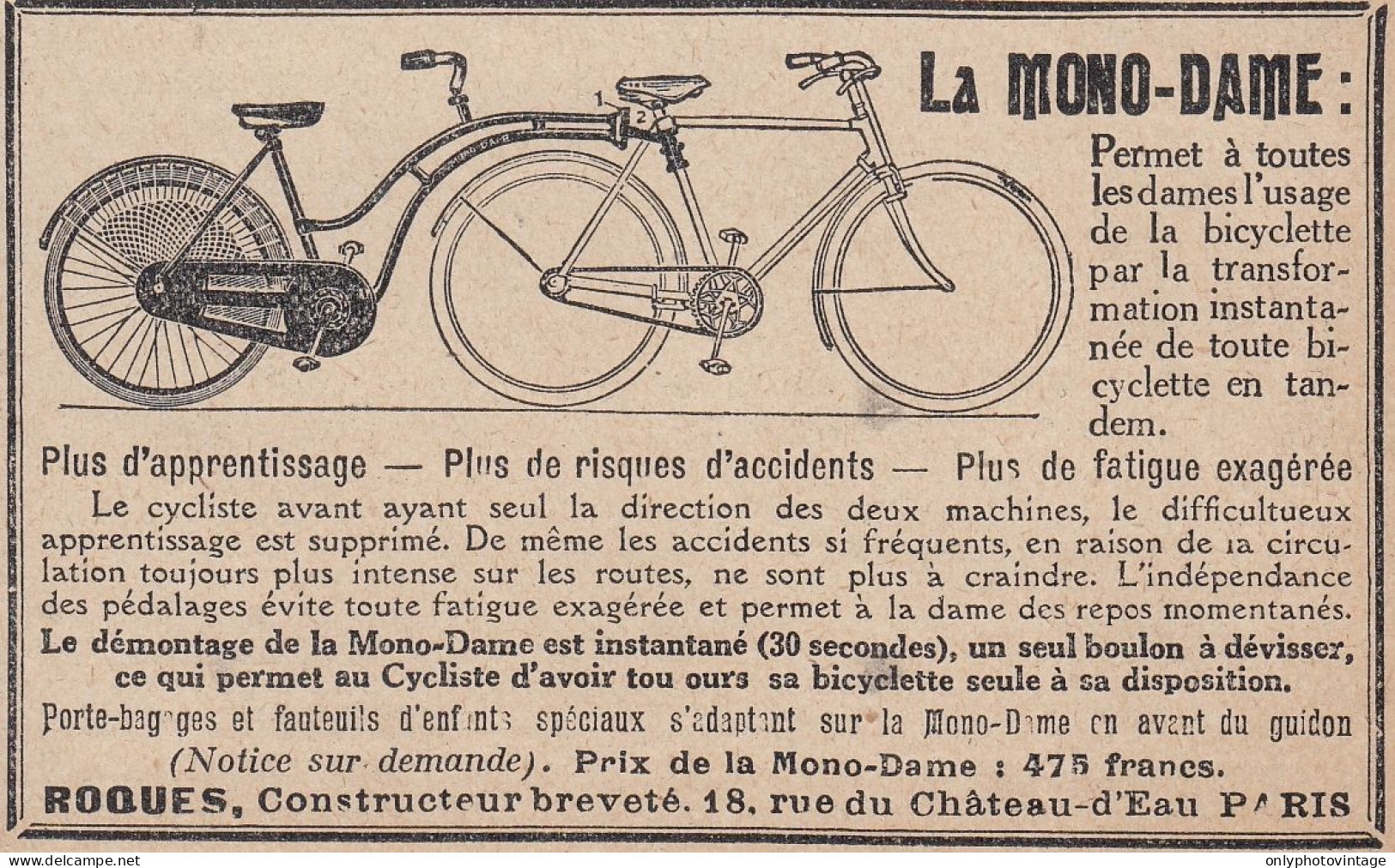 Bicyclette La Mono-Dame - 1924 Vintage Advertising - Pubblicit� Epoca - Publicidad