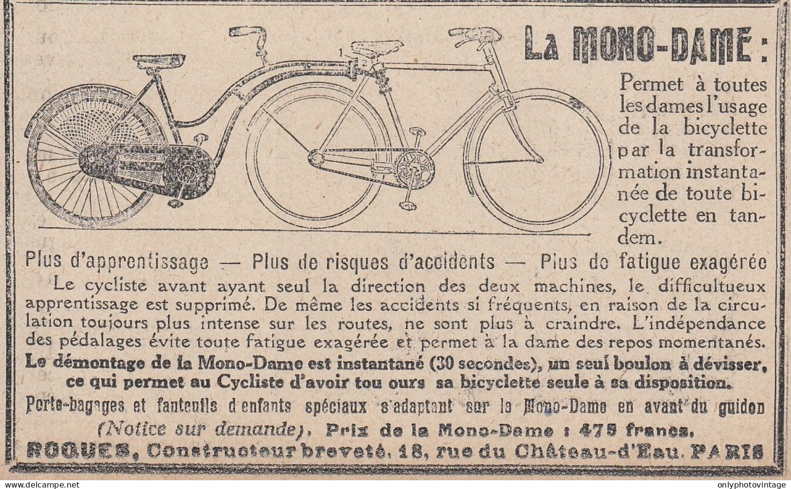 Bicyclette La Mono-Dame - 1924 Vintage Advertising - Pubblicit� Epoca - Publicidad