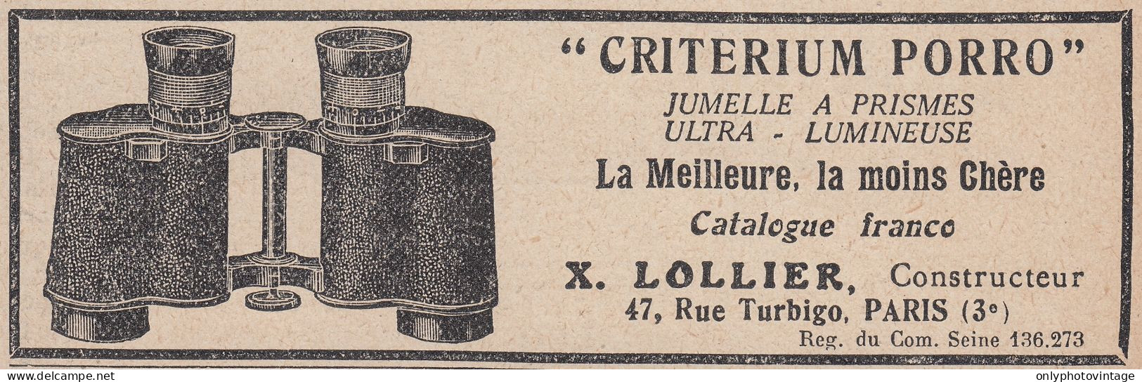 CRITERIUM PORRO Jumelle A Prismes - 1924 Vintage Advertising - Pubblicit� - Reclame