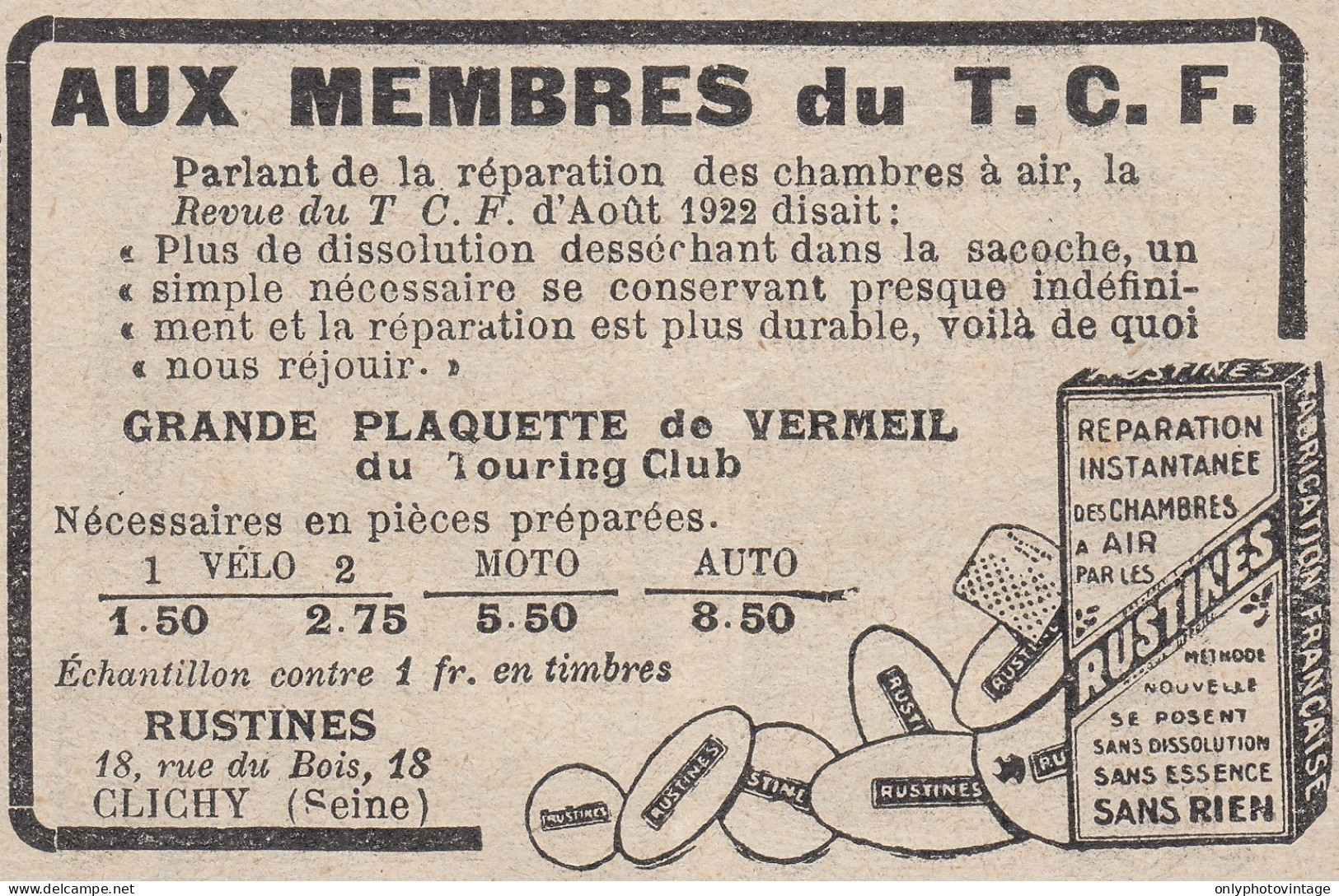 RUSTINES R�parations Chambres � Air - 1924 Vintage Advertising Pubblicit� - Publicités