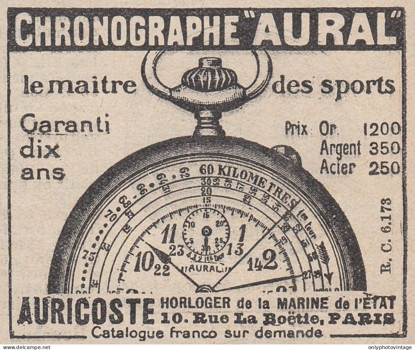 Chronographe AURAL - 1924 Vintage Advertising - Pubblicit� Epoca - Publicités