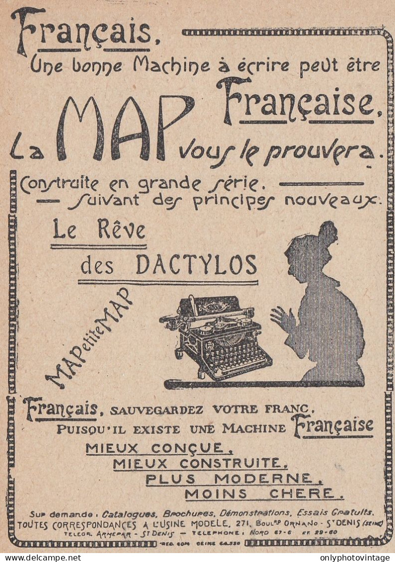 V6582 Machine � �crire MAP Fran�aise - 1924 Vintage Advertising - Pubblicit� - Publicités