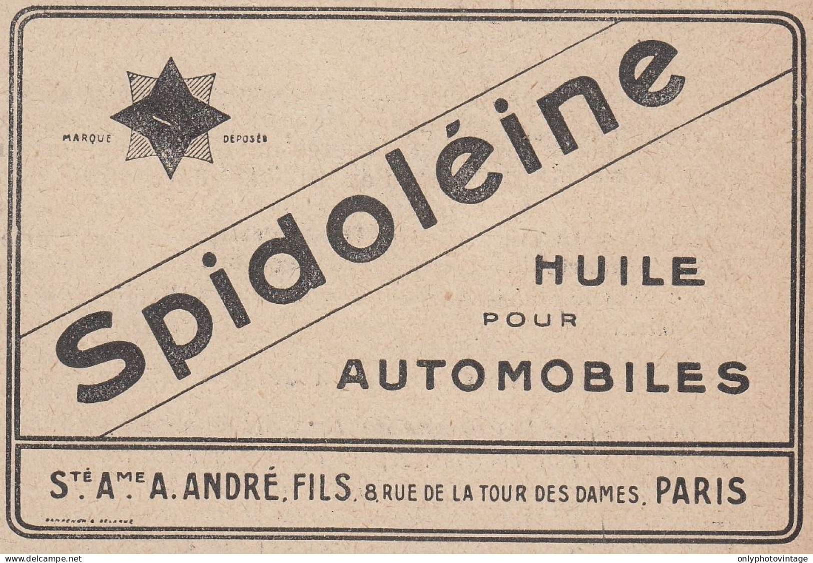 SPIDOLEINE Huile Pour Automobiles - 1920 Vintage Advertising - Pubblicit�  - Werbung