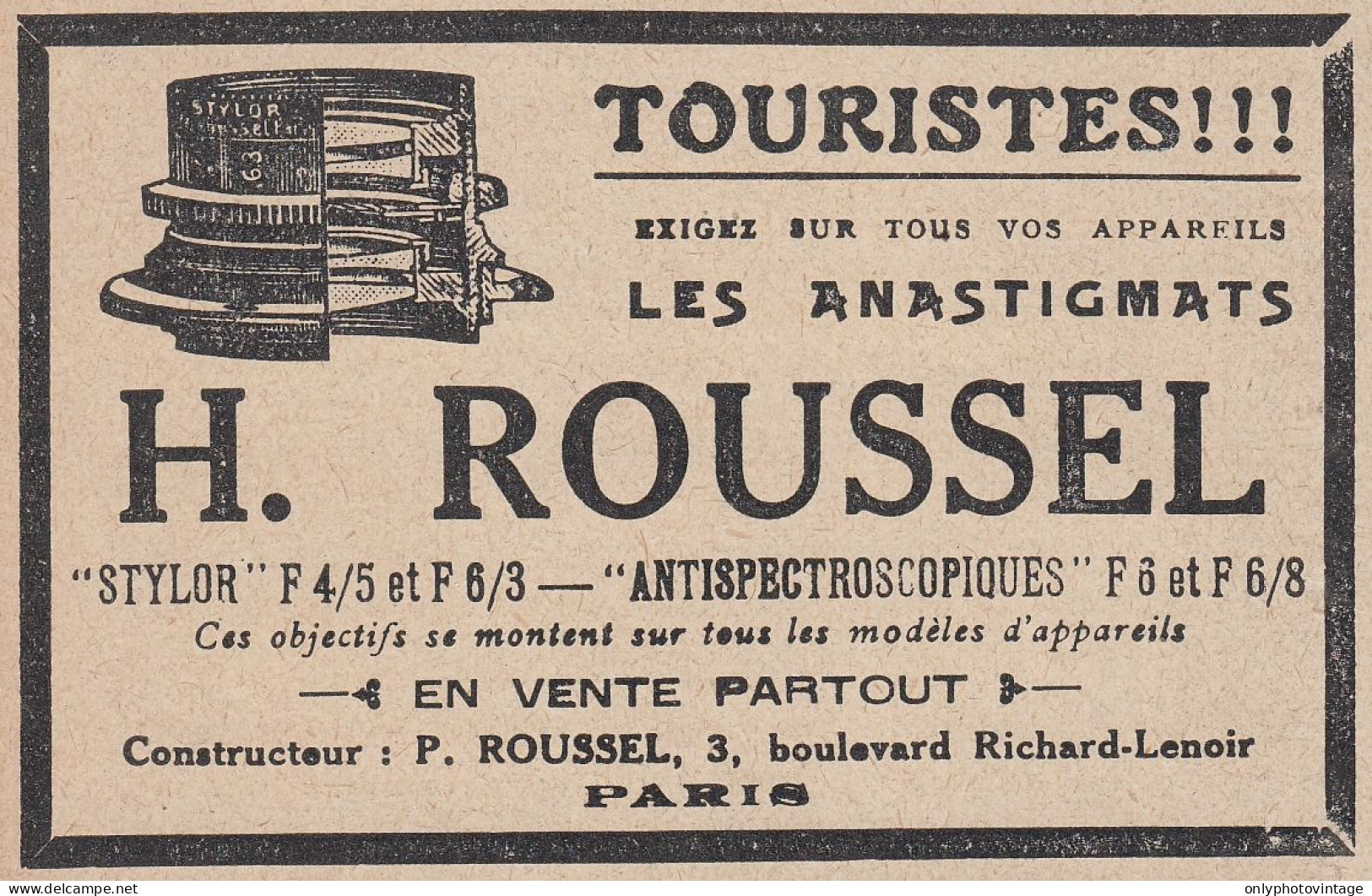 Appareils Photo H. ROUSSEL - 1920 Vintage Advertising - Pubblicit� Epoca - Publicités