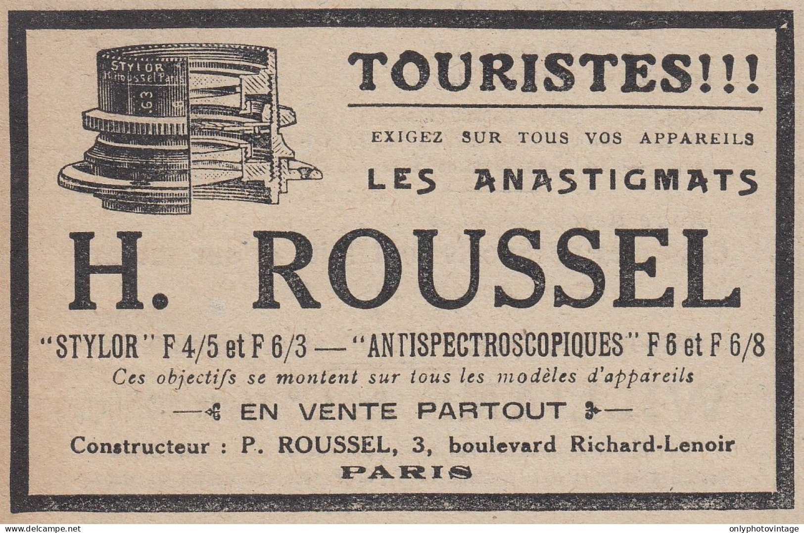 Appareils Photo H. ROUSSEL - 1920 Vintage Advertising - Pubblicit� Epoca - Reclame