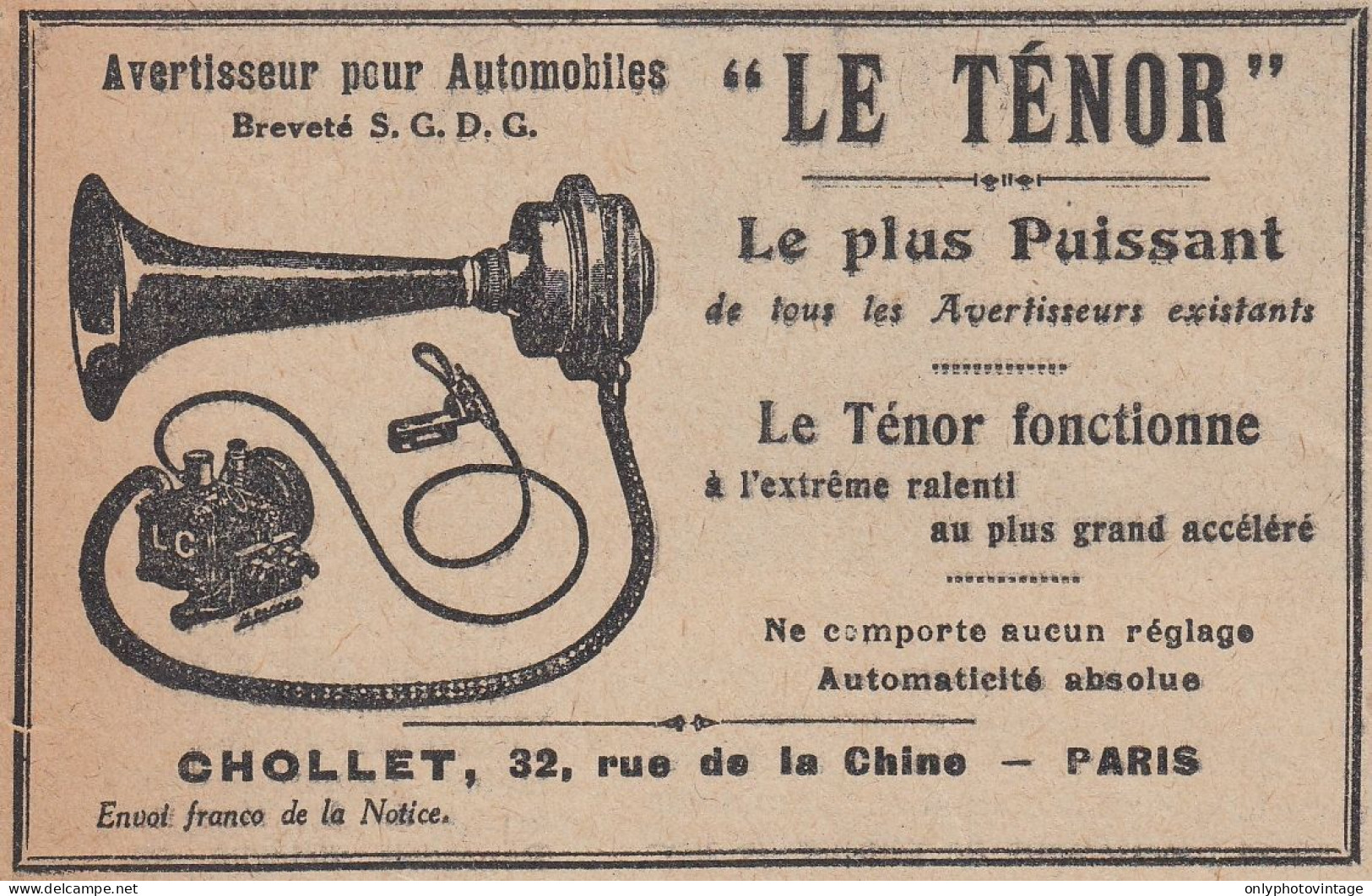 Avertisseur Pour Automobiles LE TENOR - 1920 Vintage Advertising  - Publicités