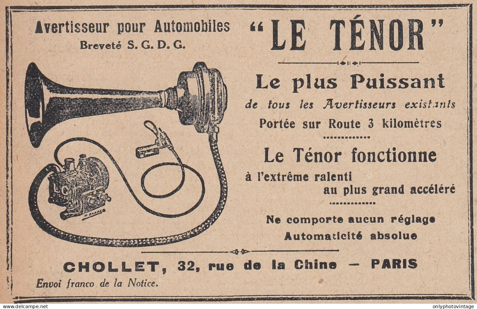 Avertisseur Pour Automobiles LE TENOR - 1920 Vintage Advertising  - Publicités