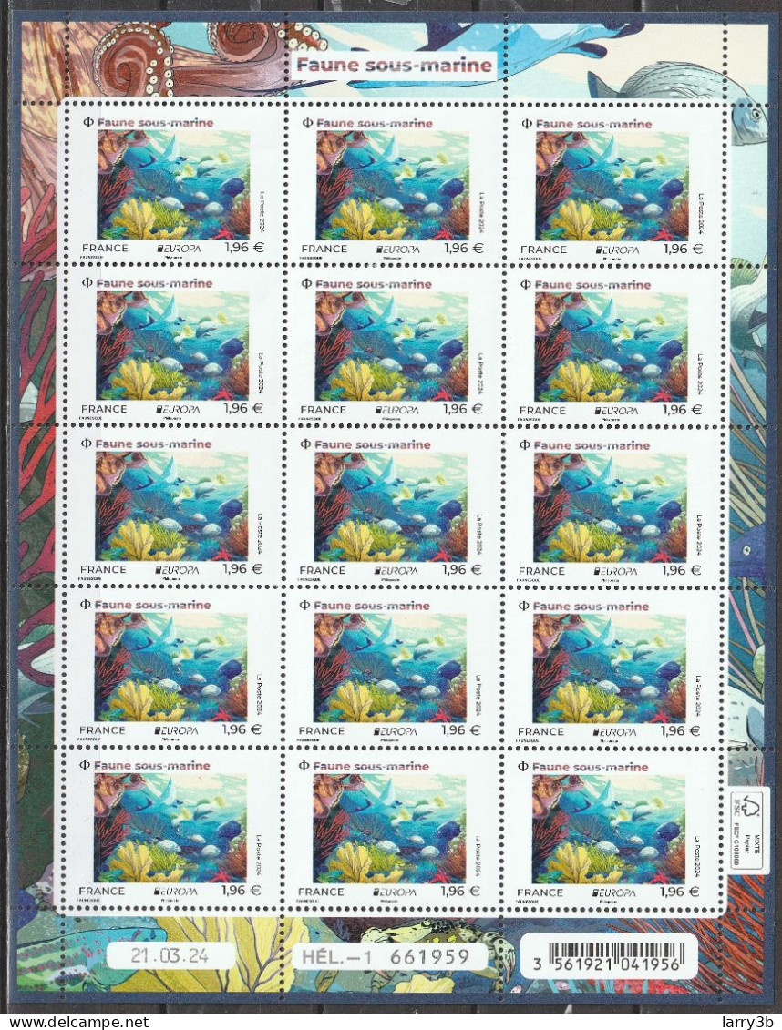 2024 - EUROPA - CEPT FRANCE - "FAUNE SOUS-MARINE" - FEUILLET 15 TIMBRES 1,96 € - NEUF ** - MNH - 2024