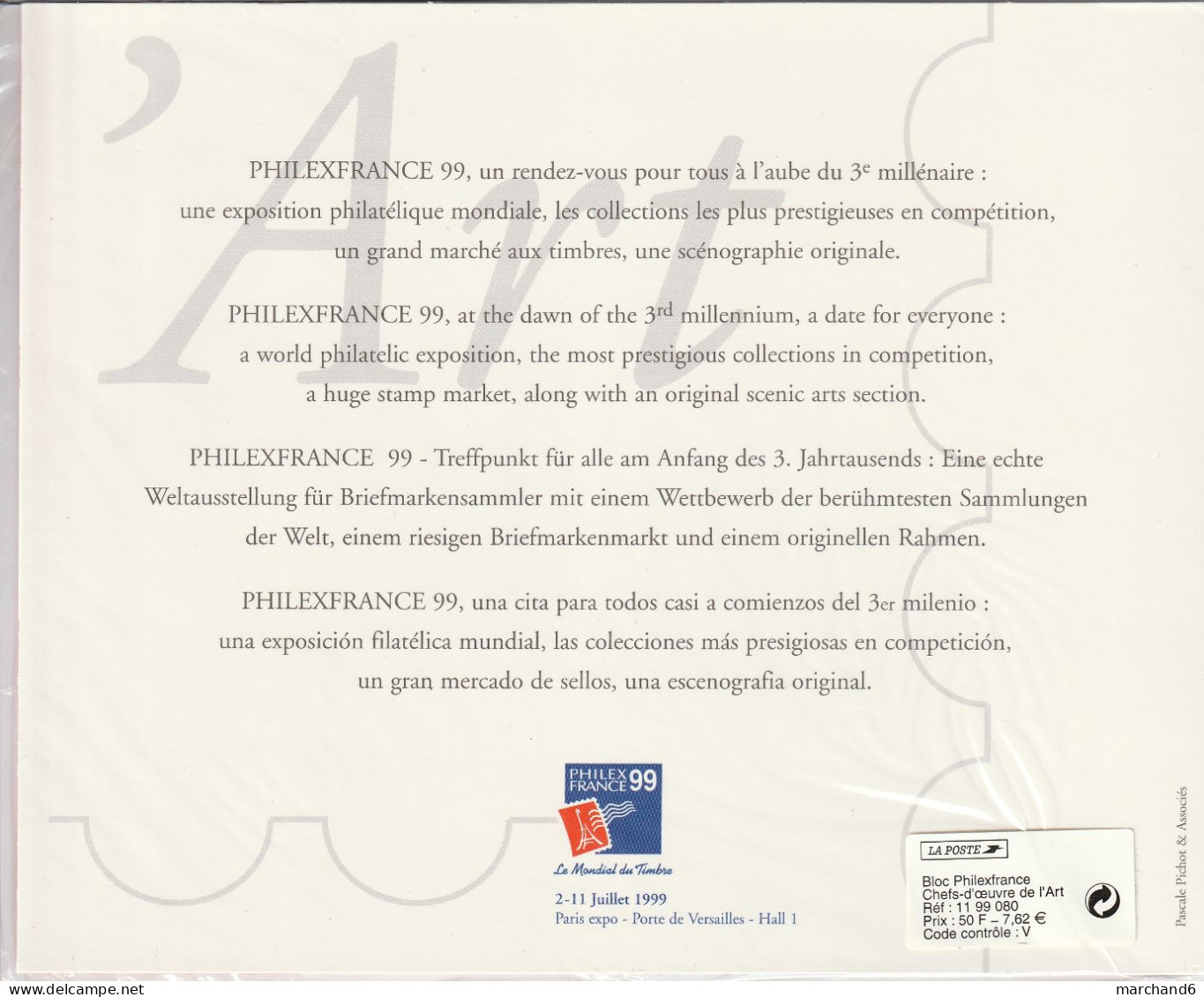 France 1999 Philexfrance 99 Expo Philatélique L Art N°3234-3235-3236 Bloc Feuillet N°23 Neuf** Les 2 Version - Ungebraucht