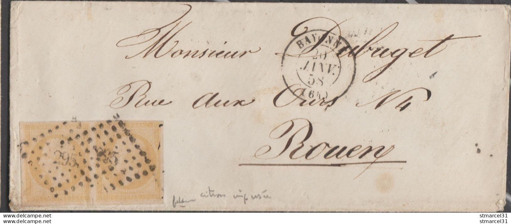 PREMIER SERVI RARE En PAIRE Sur Lettre Le N°13Ab CITRON Impr Usée De 1857 TBE Signé - 1853-1860 Napoléon III.