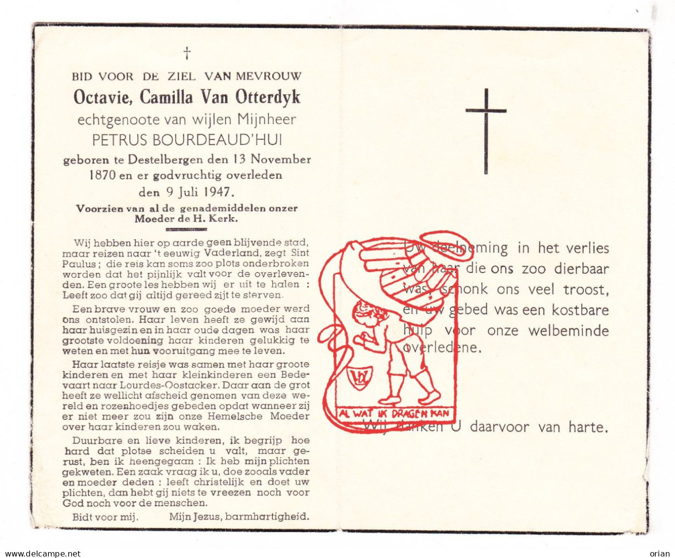 DP Octavie Camilla Van Otterdyk ° Destelbergen 1870 † 1947 X Petrus Bourdeaud'hui - Images Religieuses