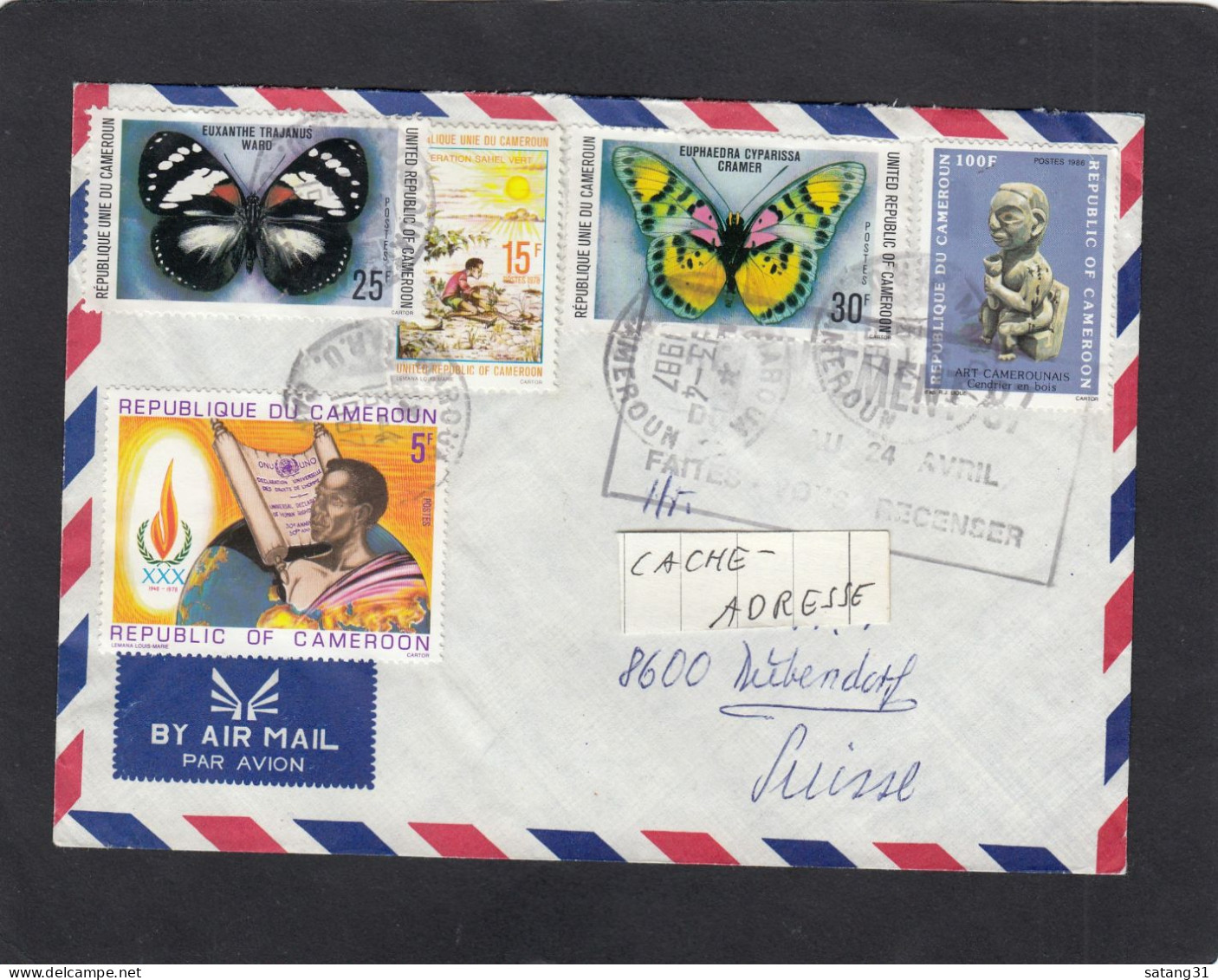 LETTRE DE MAROUA AVEC TIMBRES " DROITS DE L'HOMME/PAPILLON,BUTTERFLY/SAHEL VERT/ART CAMEROUNAIS ",POUR LA SUISSE,1987. - Kamerun (1960-...)