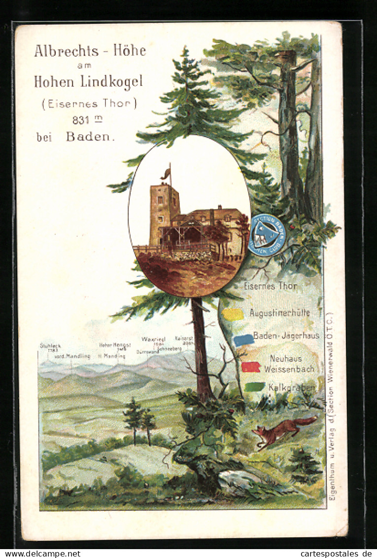 Lithographie Baden, Gasthof Albrechts-Höhe Am Hohen Lindkogel  - Sonstige & Ohne Zuordnung