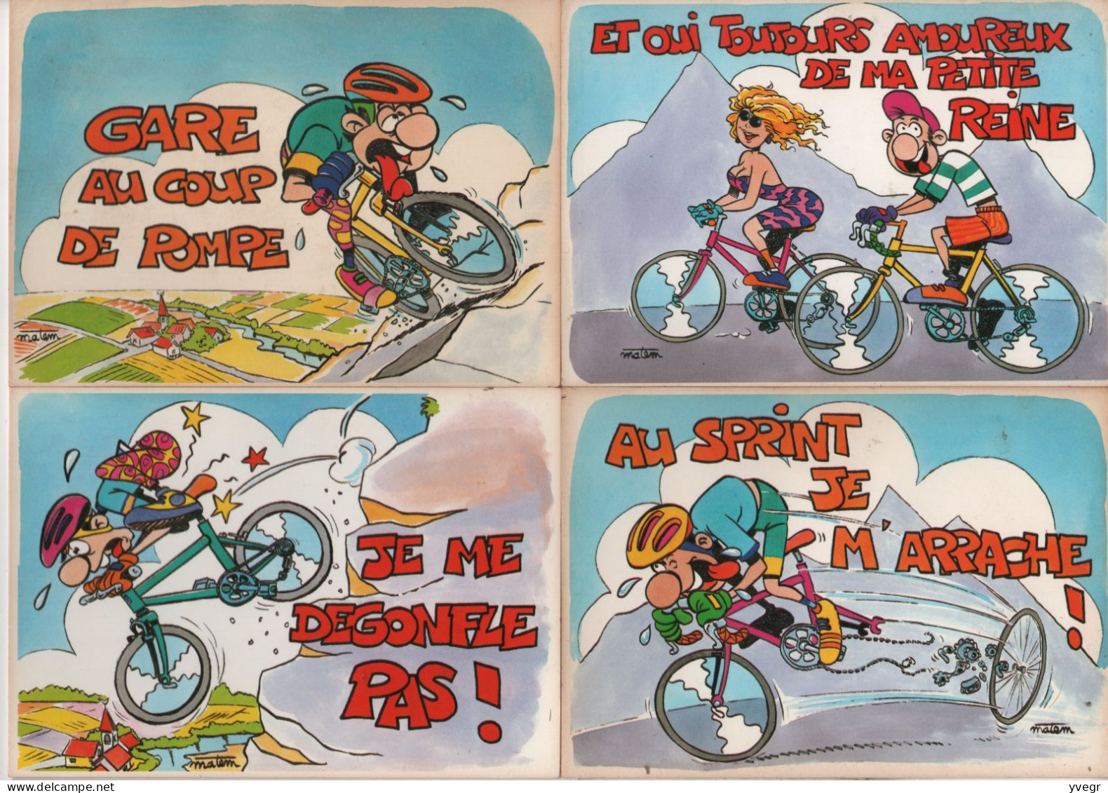 Illustrateur Signé Matem Lot De 4 Cartes Humoristiques Sur La Cyclisme - Cyclisme