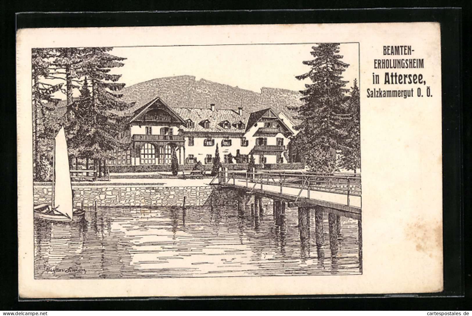 Künstler-AK Attersee /O. Ö., Beamten-Erholungsheim Mit Brücke, Vom Wasser Gesehen  - Other & Unclassified