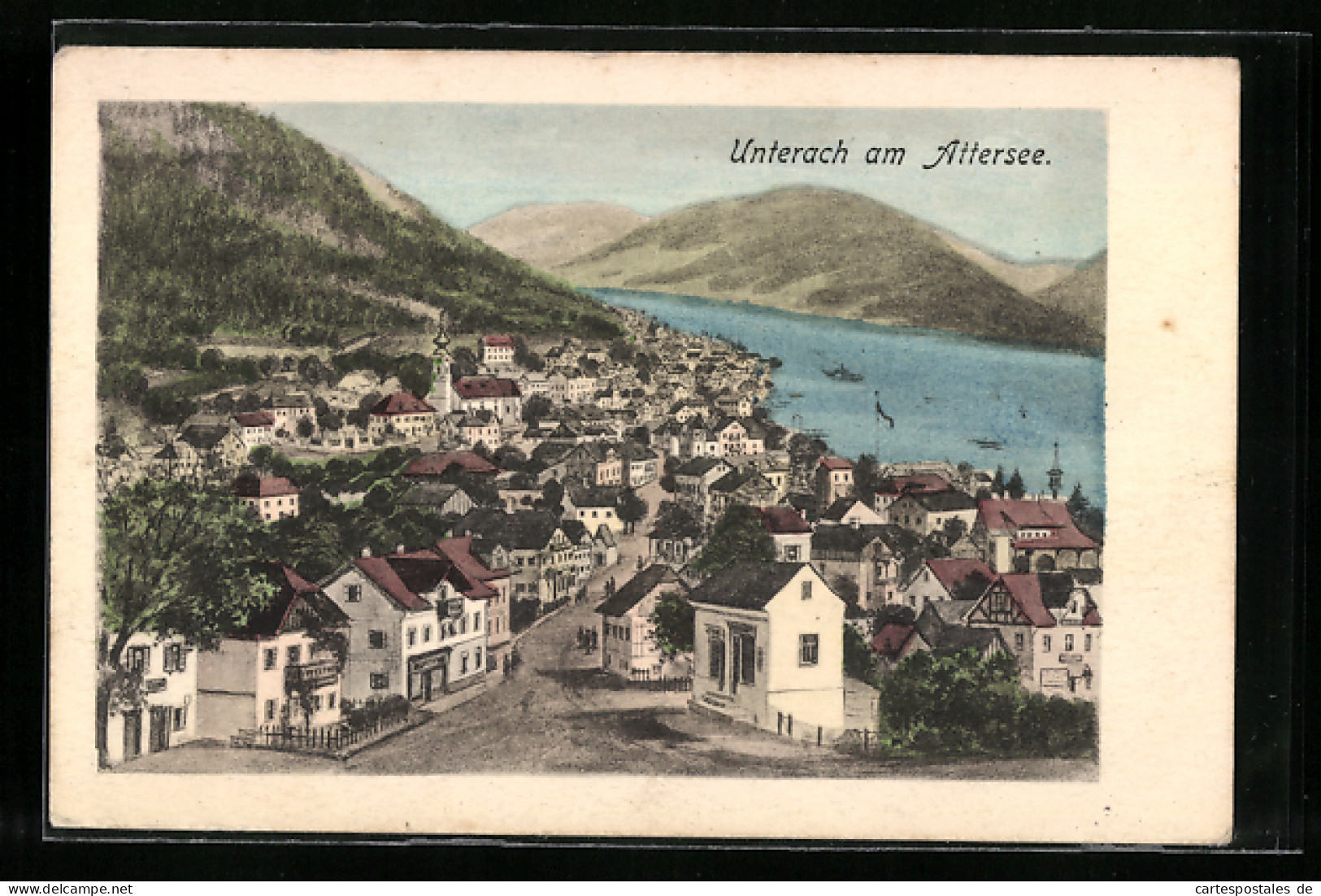 AK Unterach Am Attersee, Ortsansicht Mit Seeblick Und Bergen Aus Der Vogelschau  - Autres & Non Classés