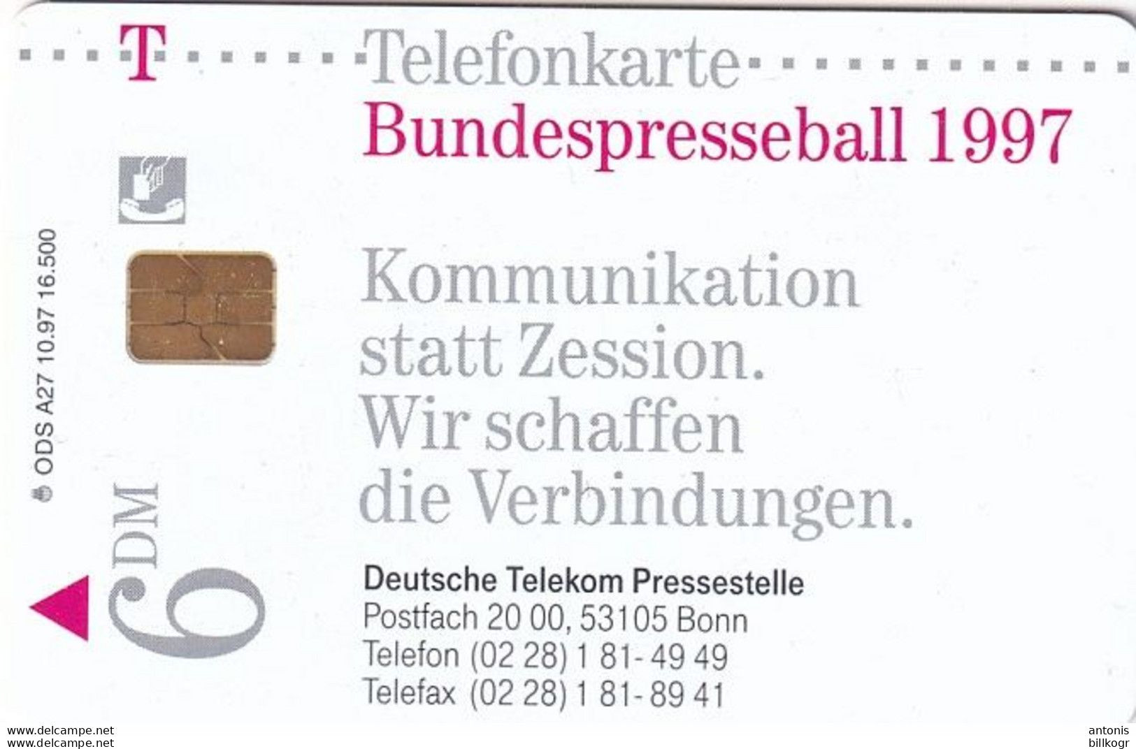 GERMANY(chip) - Bundespresseball 1997/Kommunikation Statt Zession(A 27), Tirage 16500, 10/97, Mint - A + AD-Serie : Pubblicitarie Della Telecom Tedesca AG