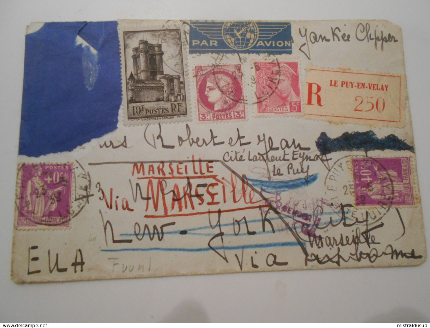 France Poste Aerienne, Lettre Reçommandee Du Puy-en-velay 1939 Pour New-york,1er Serviçe Postal Aerien Françe Etats-unis - 1927-1959 Covers & Documents