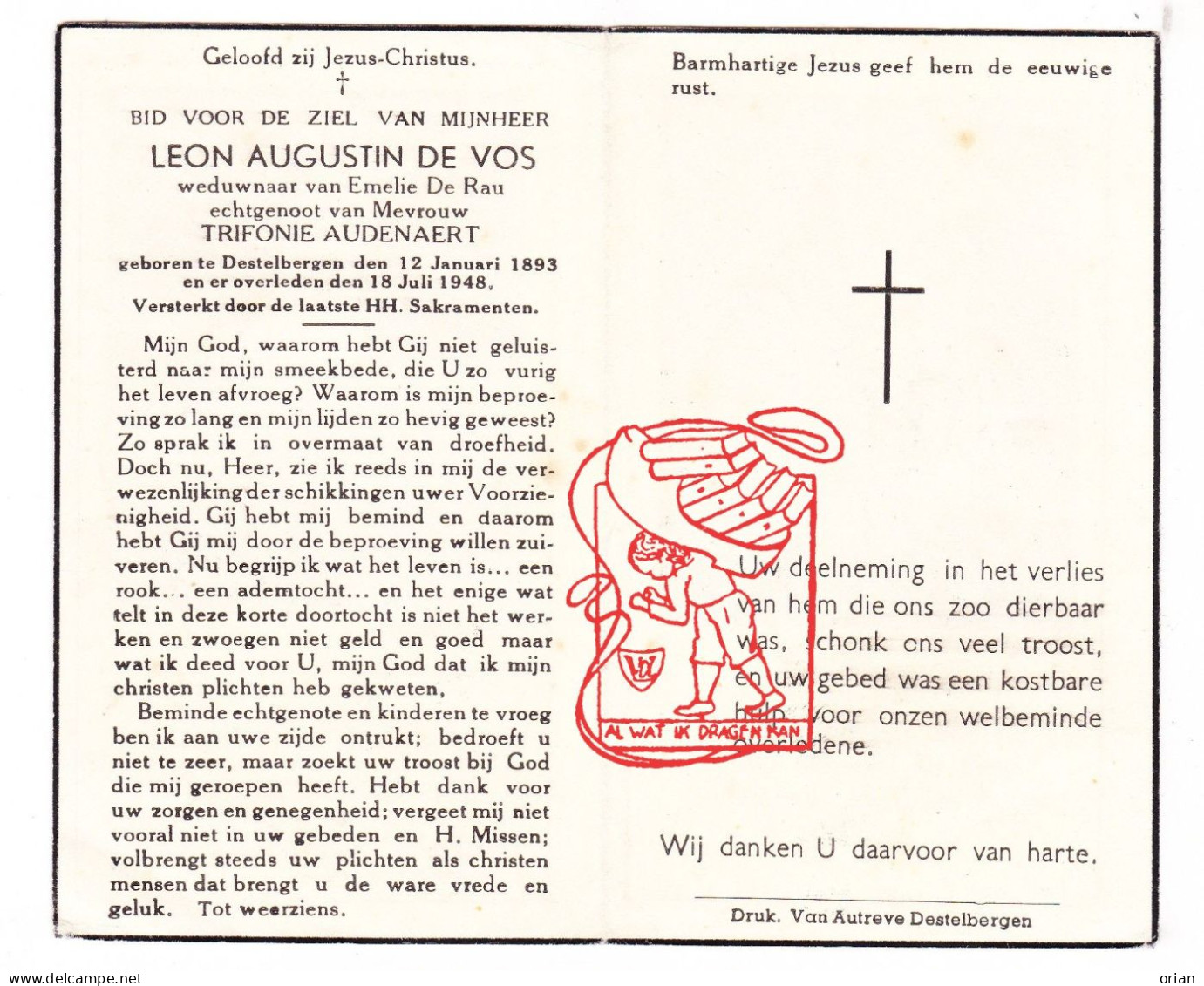 DP Leon Augustin De Vos ° Destelbergen 1893 † 1948 X Trifonie Audenaert - Devotion Images