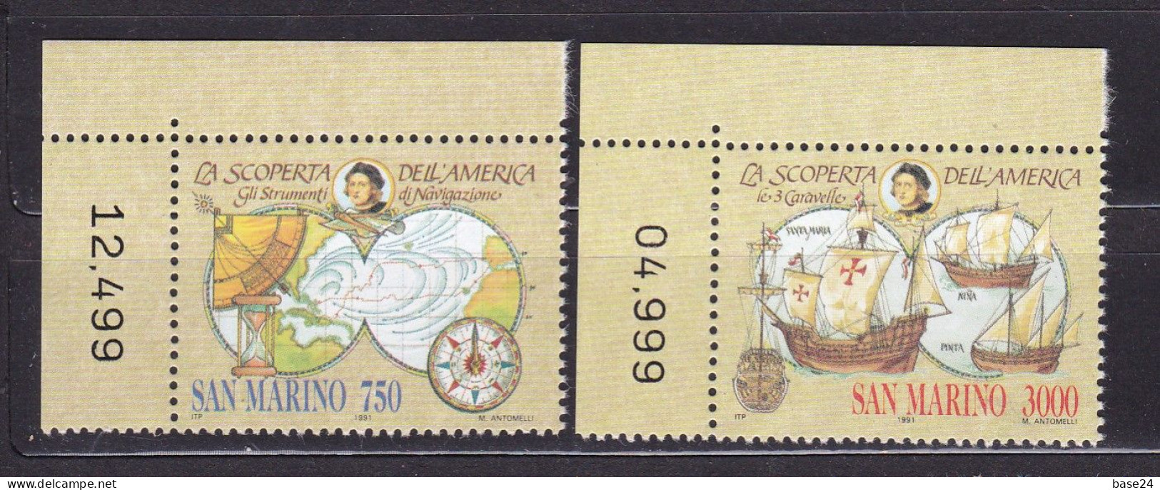 1991 San Marino Saint Marin SCOPERTA DELL'AMERICA, COLOMBO, DISCOVERY OF AMERICA  Serie Di 2 Valori MNH** - Unused Stamps