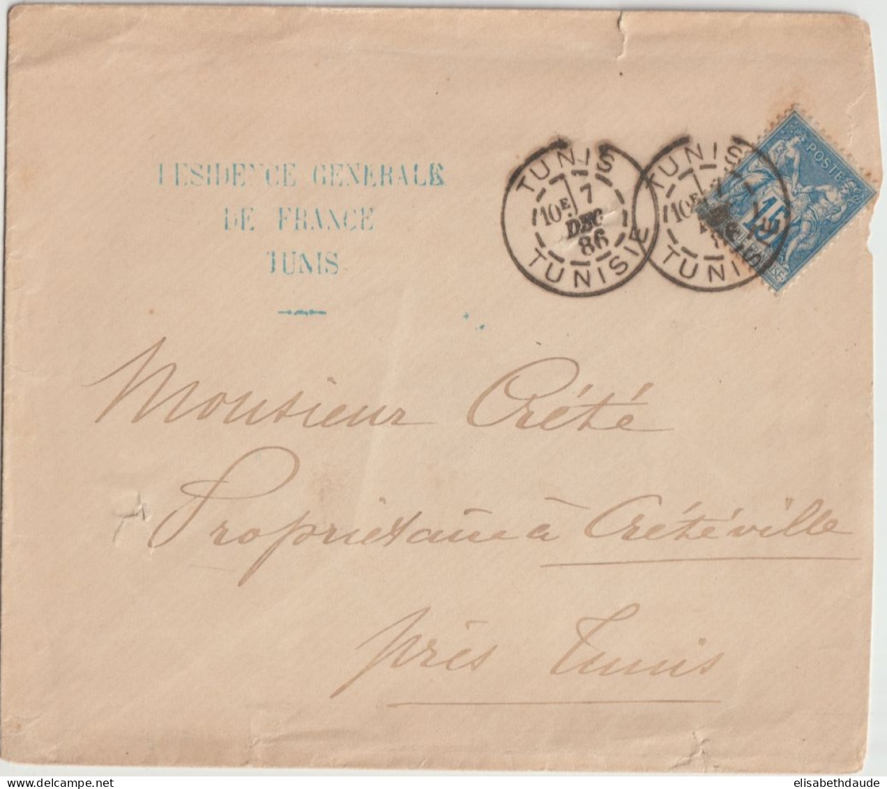 SAGE UTILISATION EN TUNISIE ! - 1886 - ENVELOPPE RESIDENCE GENERALE De TUNIS => CRETEVILLE - 1876-1898 Sage (Type II)